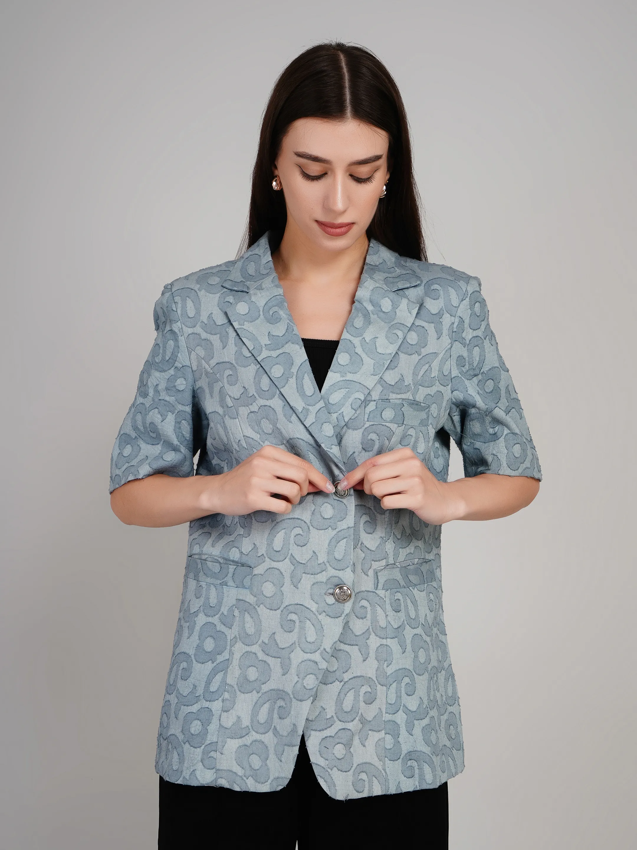 Women Pastel Blue Textured Tailored Blazer with Notch Lapel