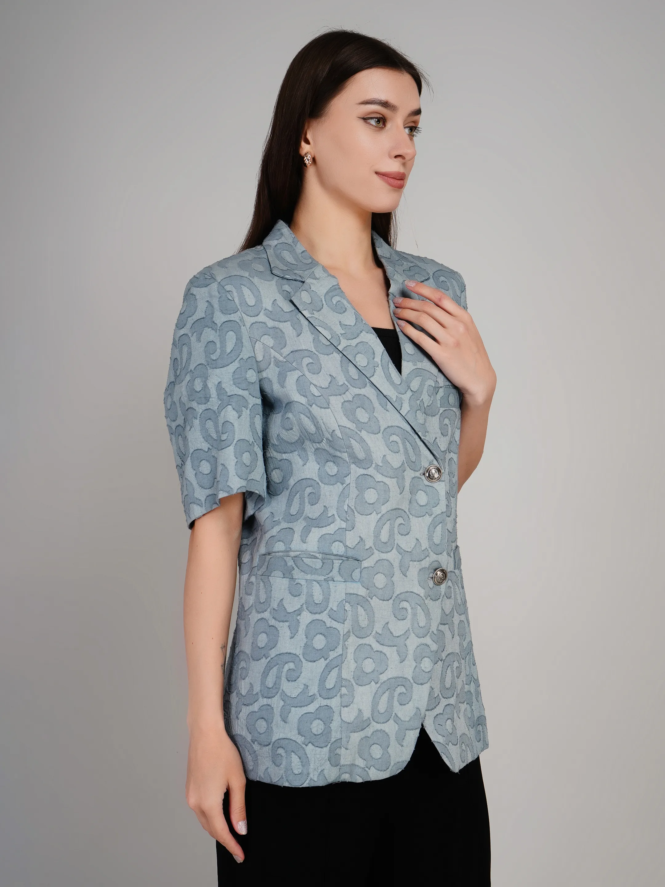 Women Pastel Blue Textured Tailored Blazer with Notch Lapel