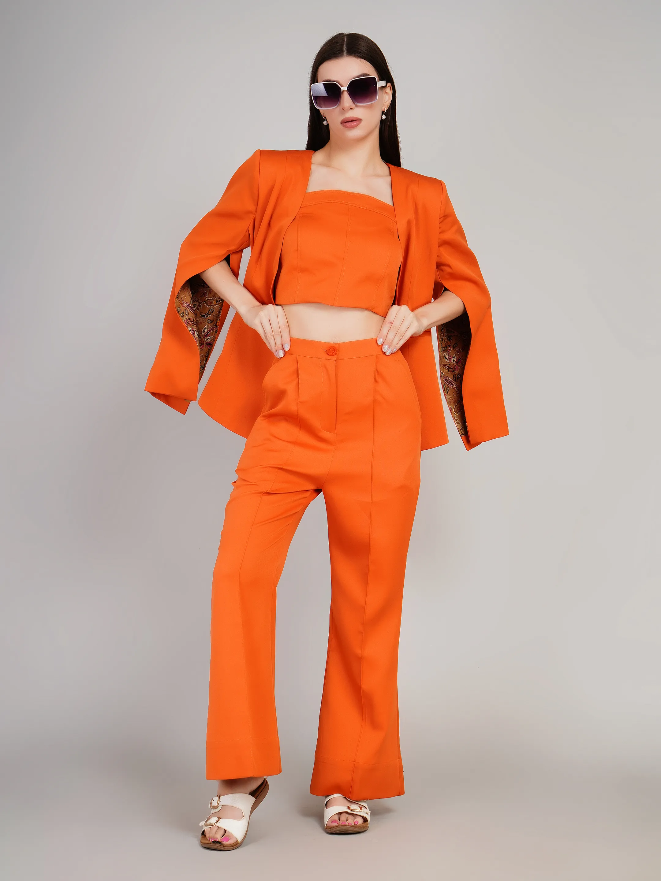 Women Orange Solid 3-Piece Set with Cape Blazer