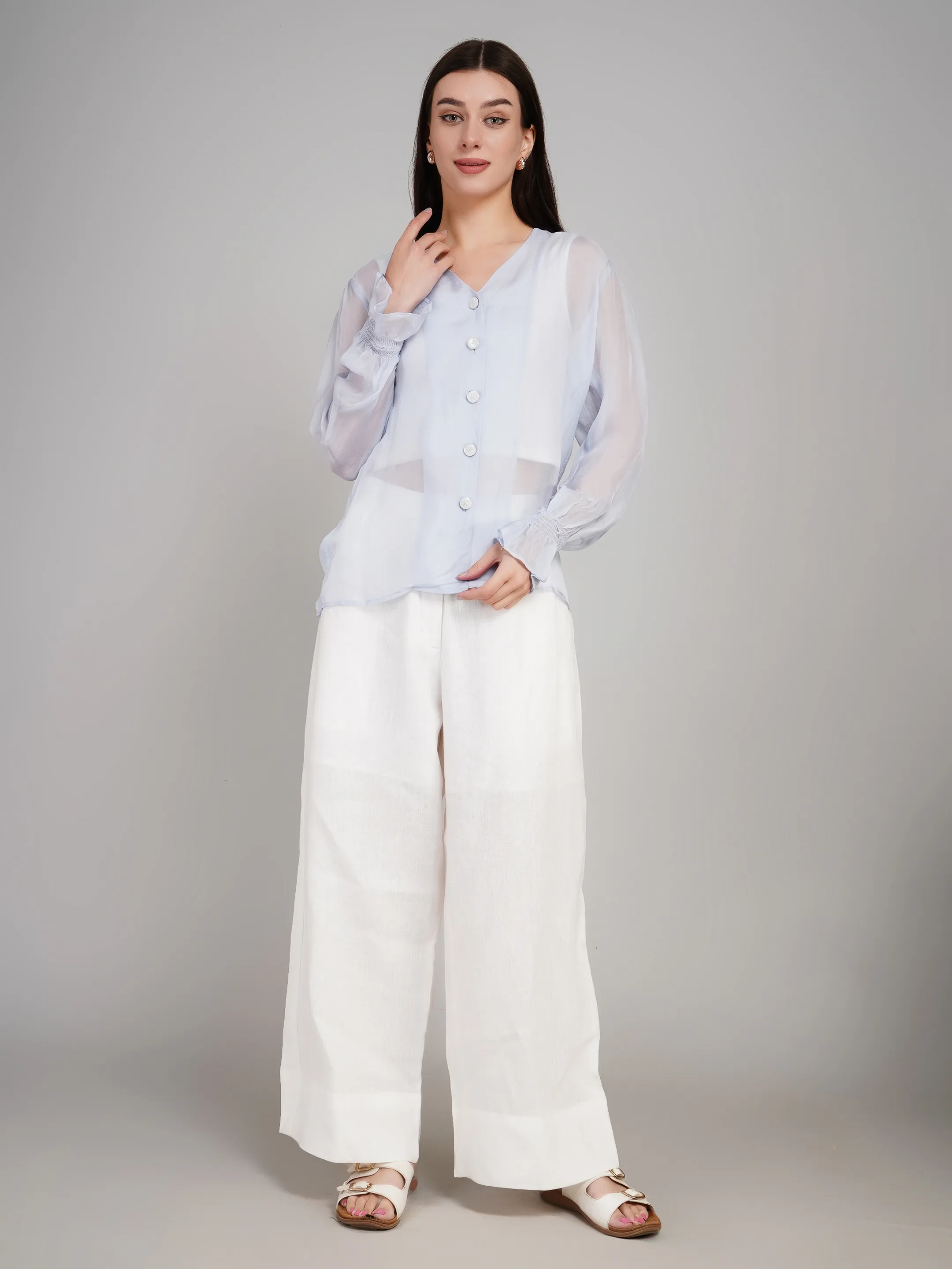 Women Blue Sheer Button-Down Top with Puff Sleeves