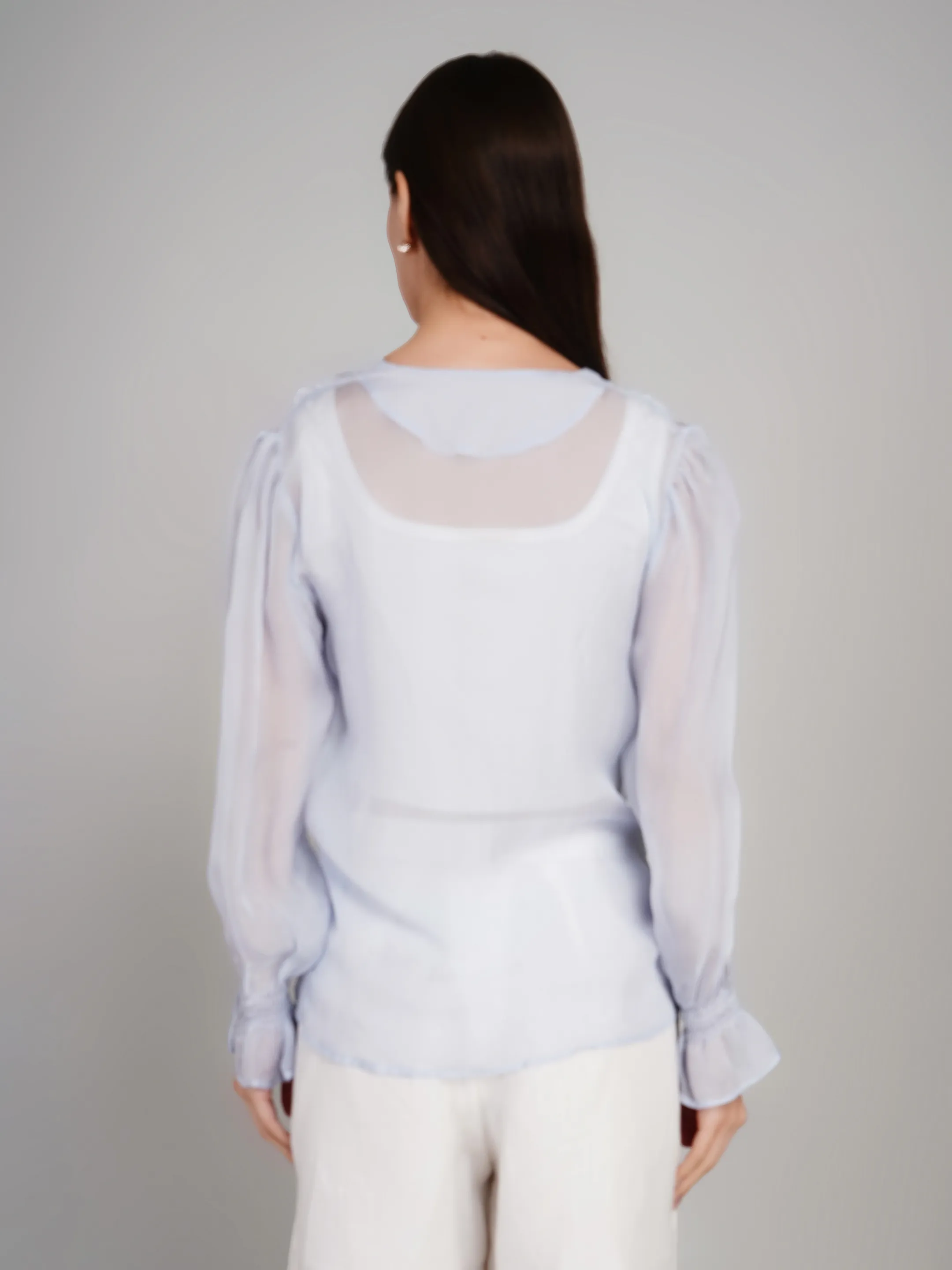 Women Blue Sheer Button-Down Top with Puff Sleeves