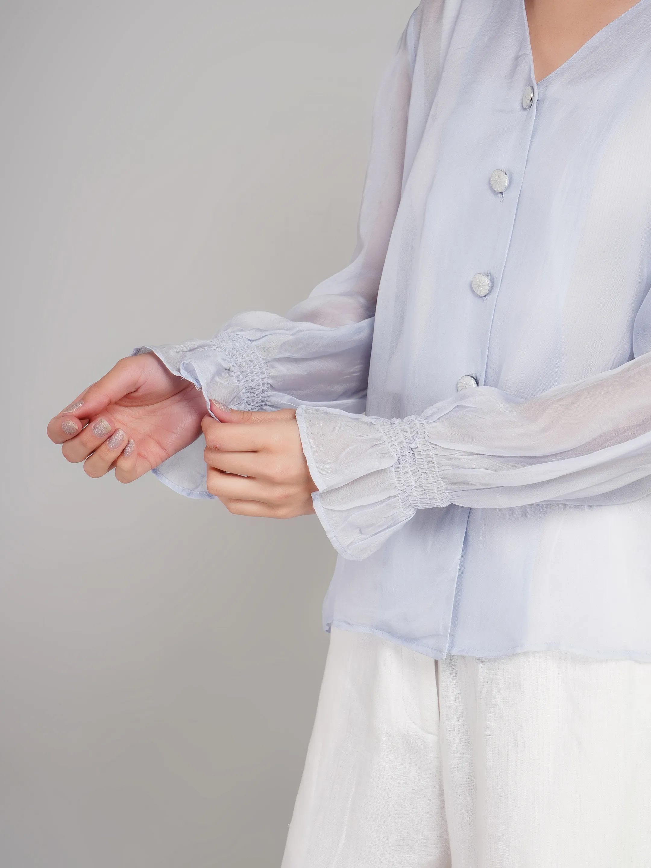 Women Blue Sheer Button-Down Top with Puff Sleeves