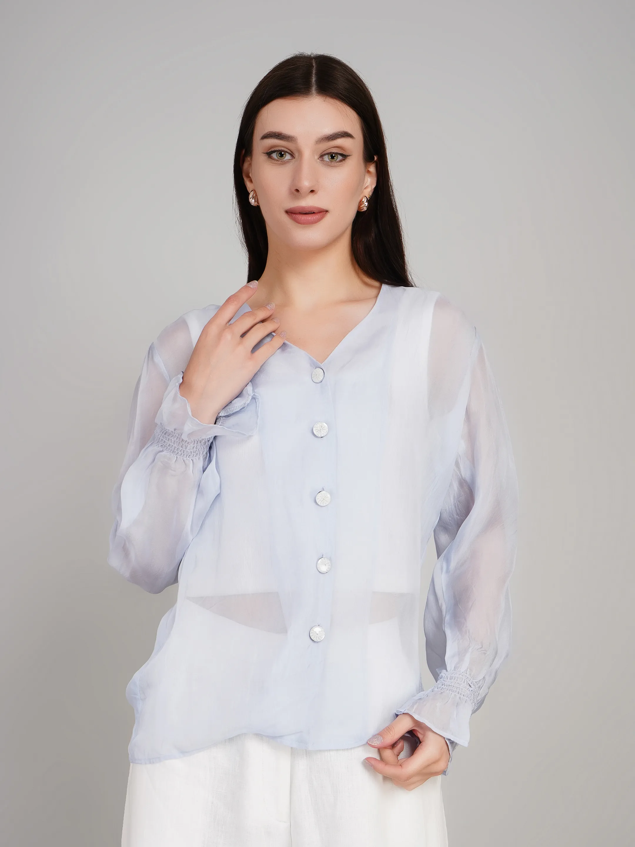 Women Blue Sheer Button-Down Top with Puff Sleeves