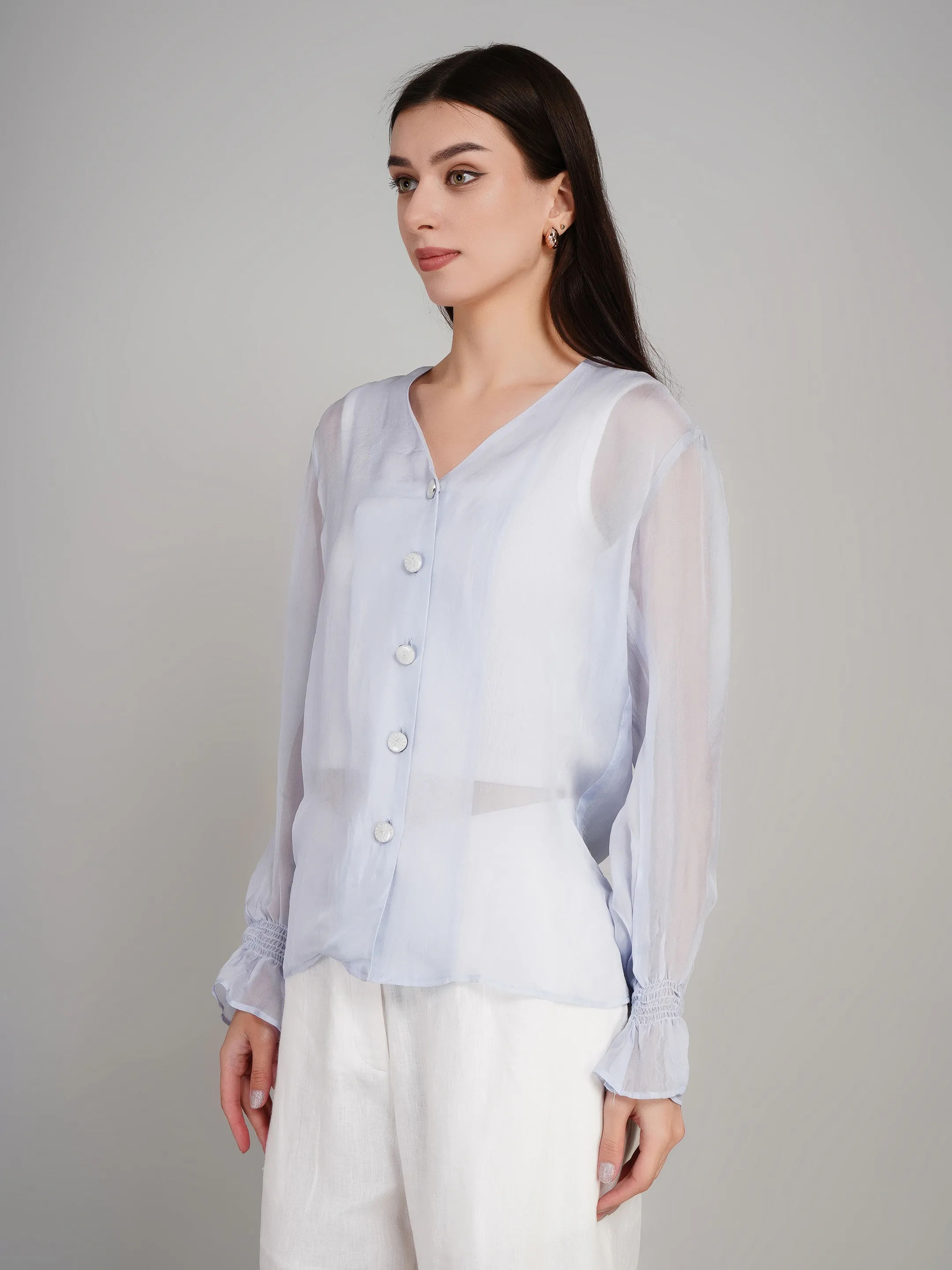Women Blue Sheer Button-Down Top with Puff Sleeves