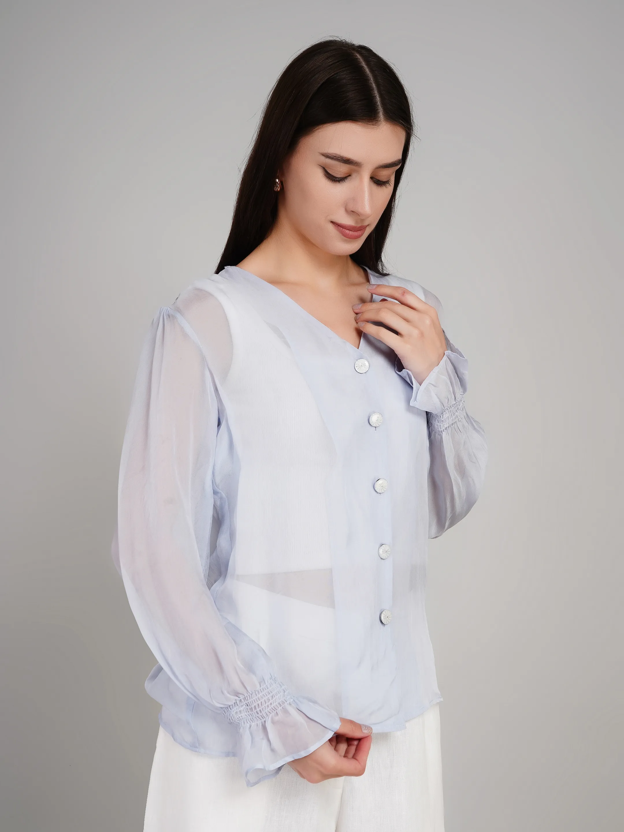 Women Blue Sheer Button-Down Top with Puff Sleeves
