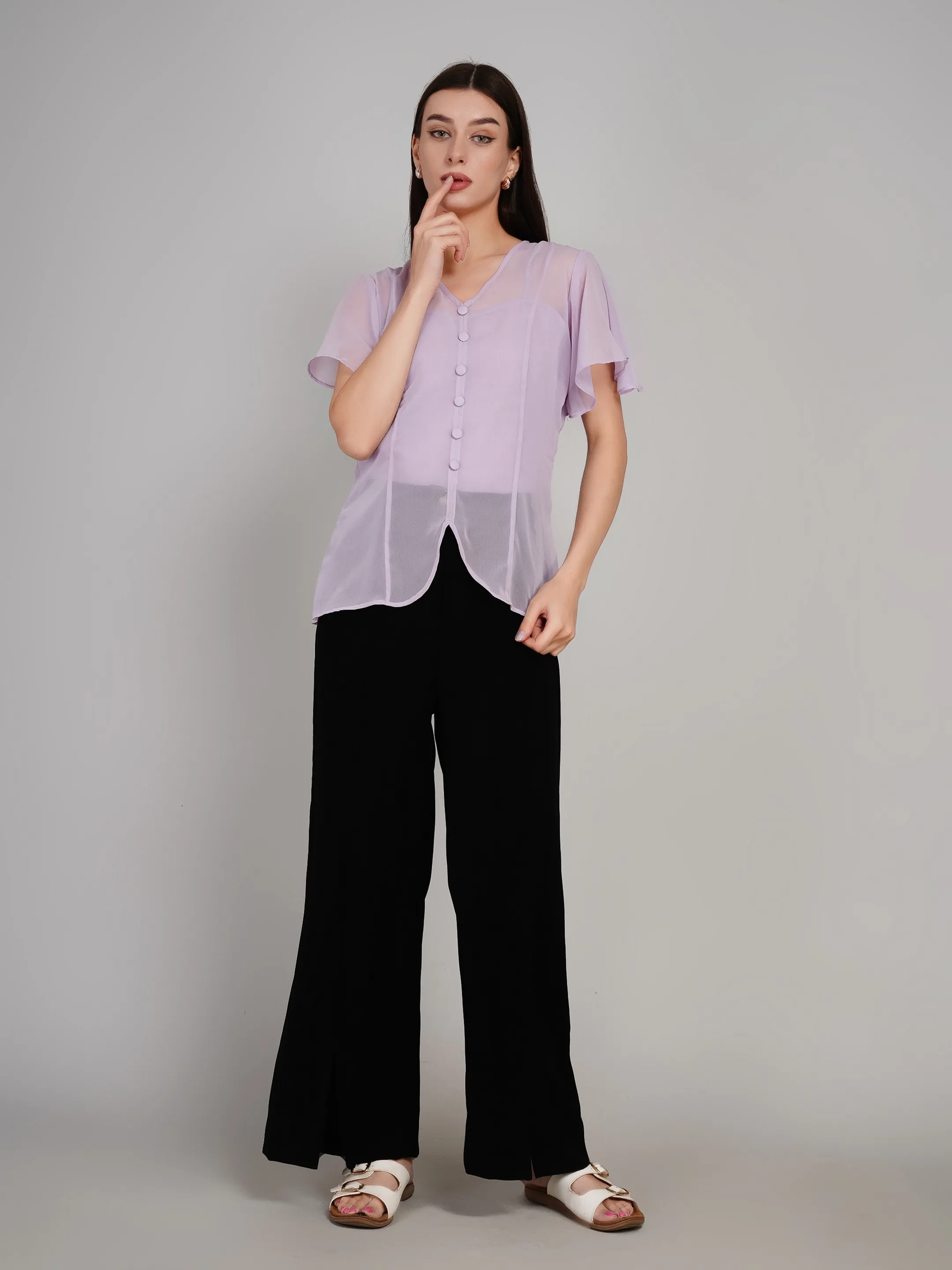 Women Lavender Sheer Button-Down Flutter Sleeve Top