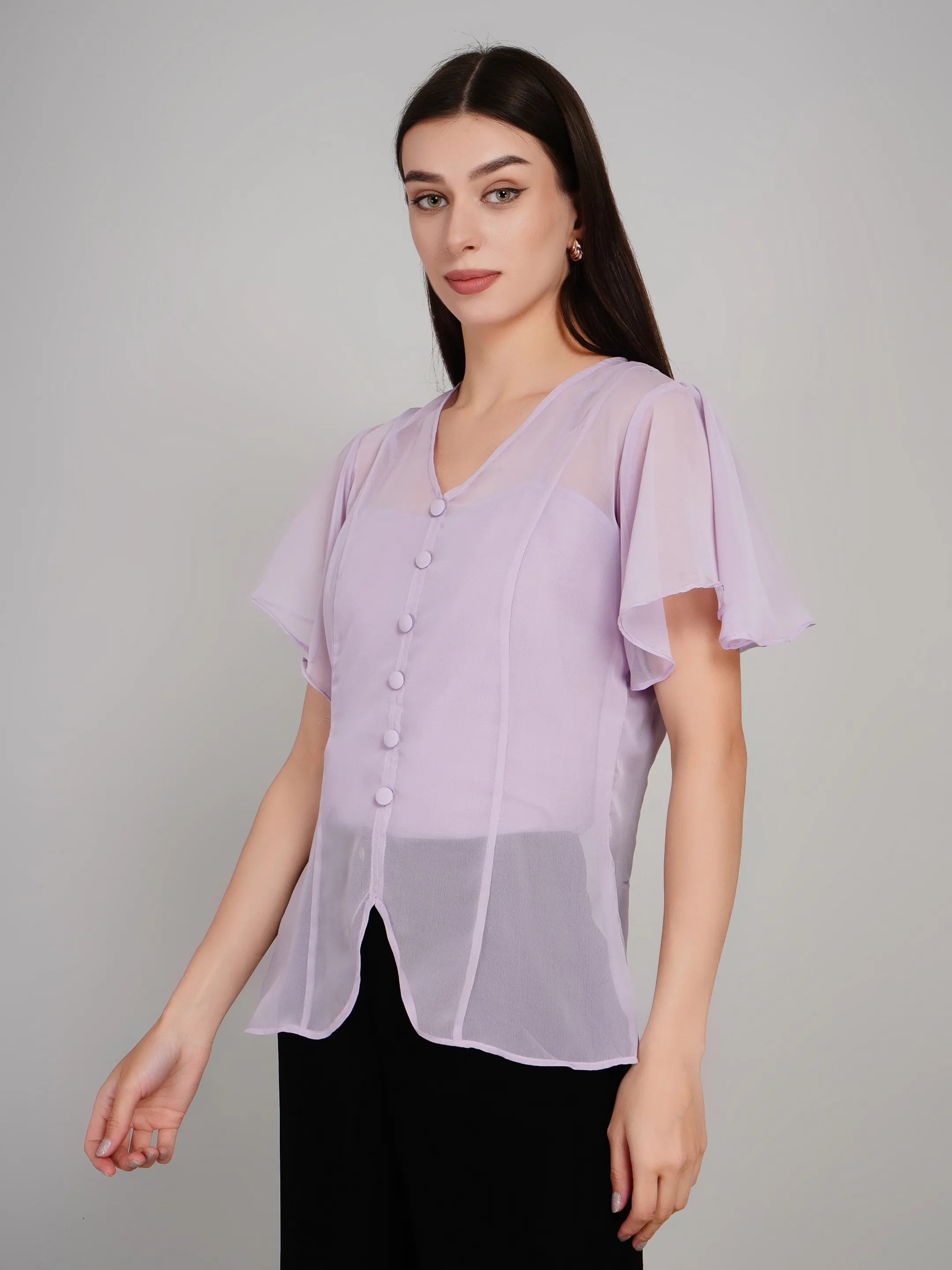 Women Lavender Sheer Button-Down Flutter Sleeve Top