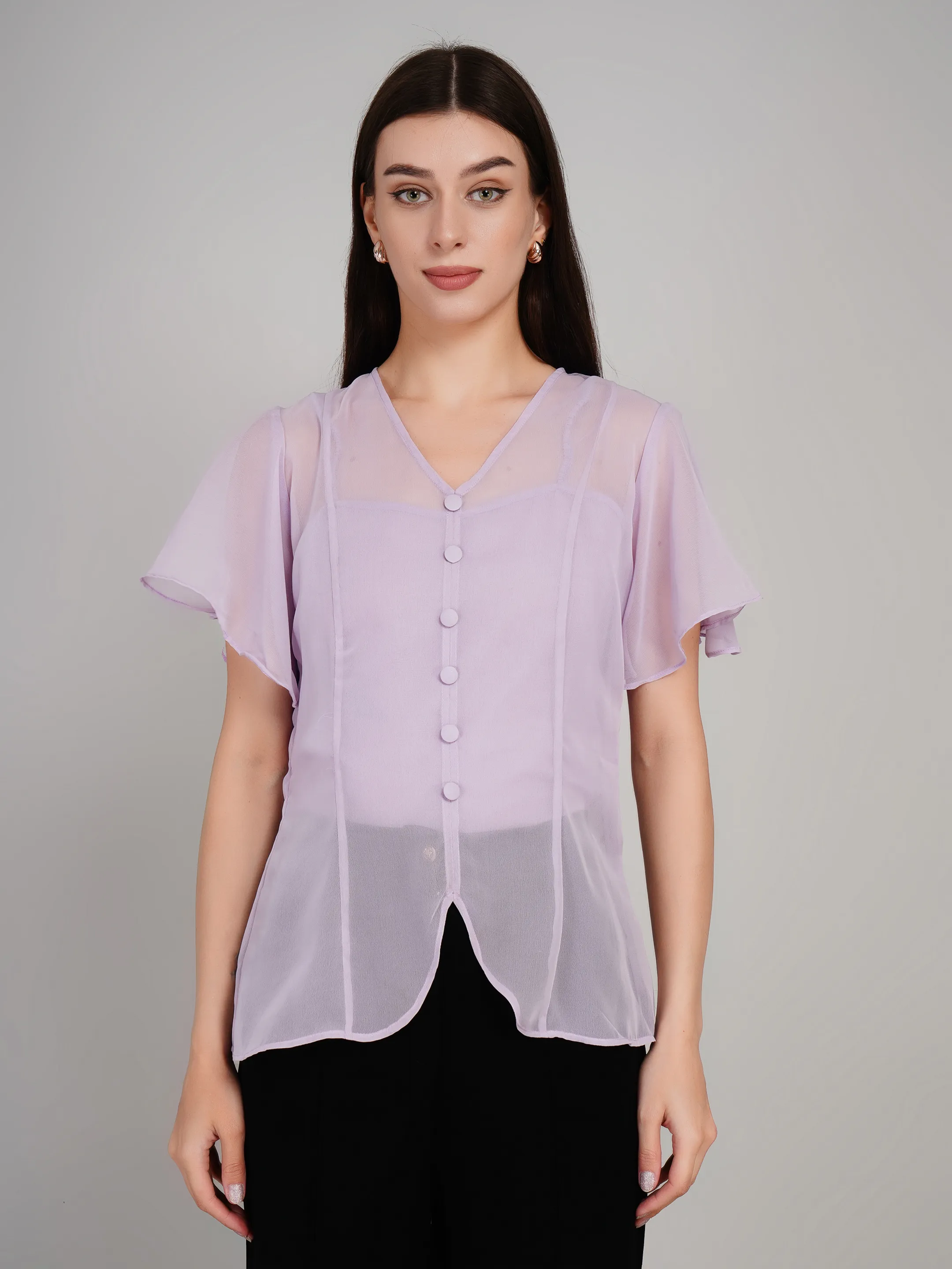 Women Lavender Sheer Button-Down Flutter Sleeve Top