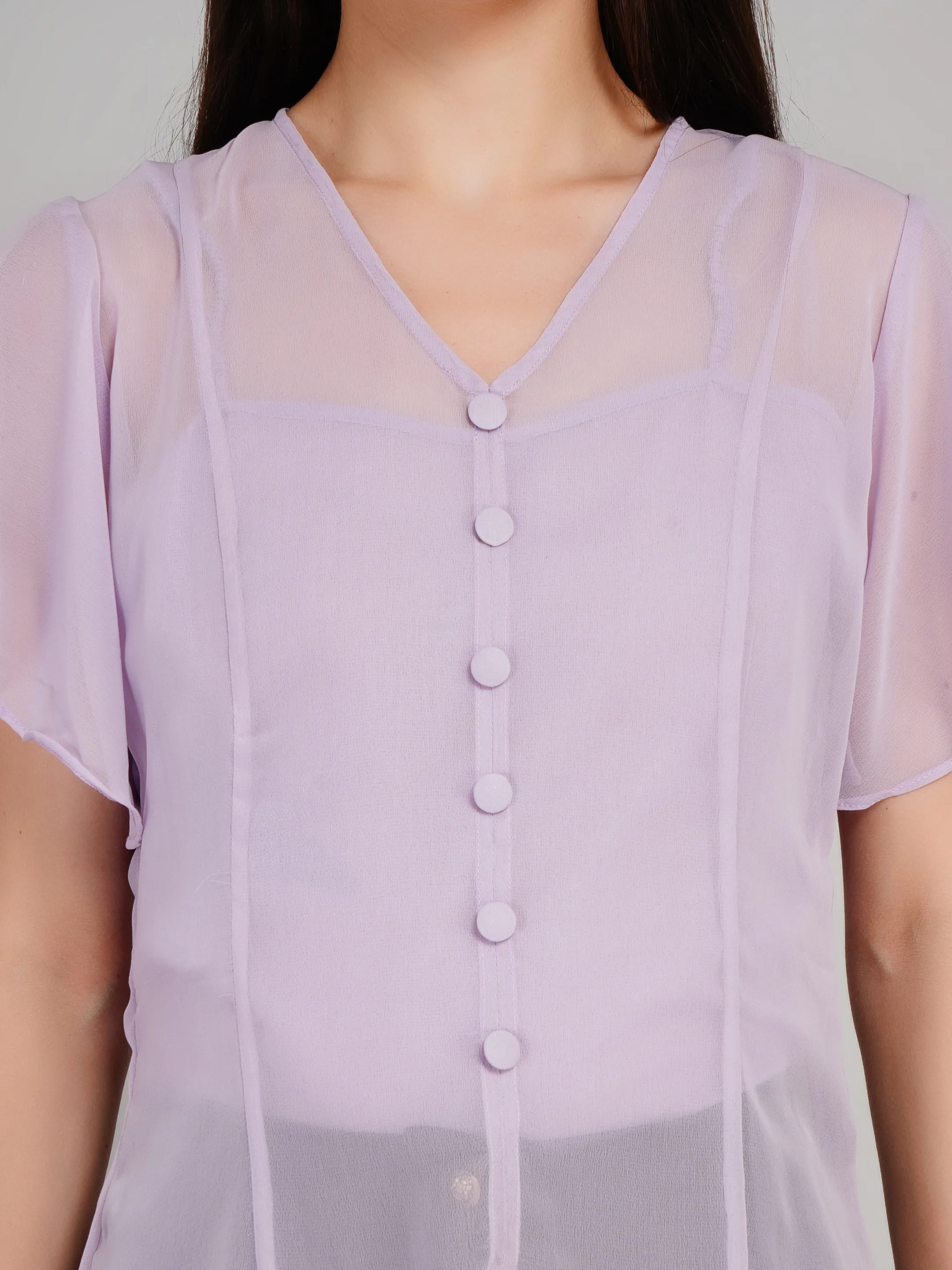 Women Lavender Sheer Button-Down Flutter Sleeve Top