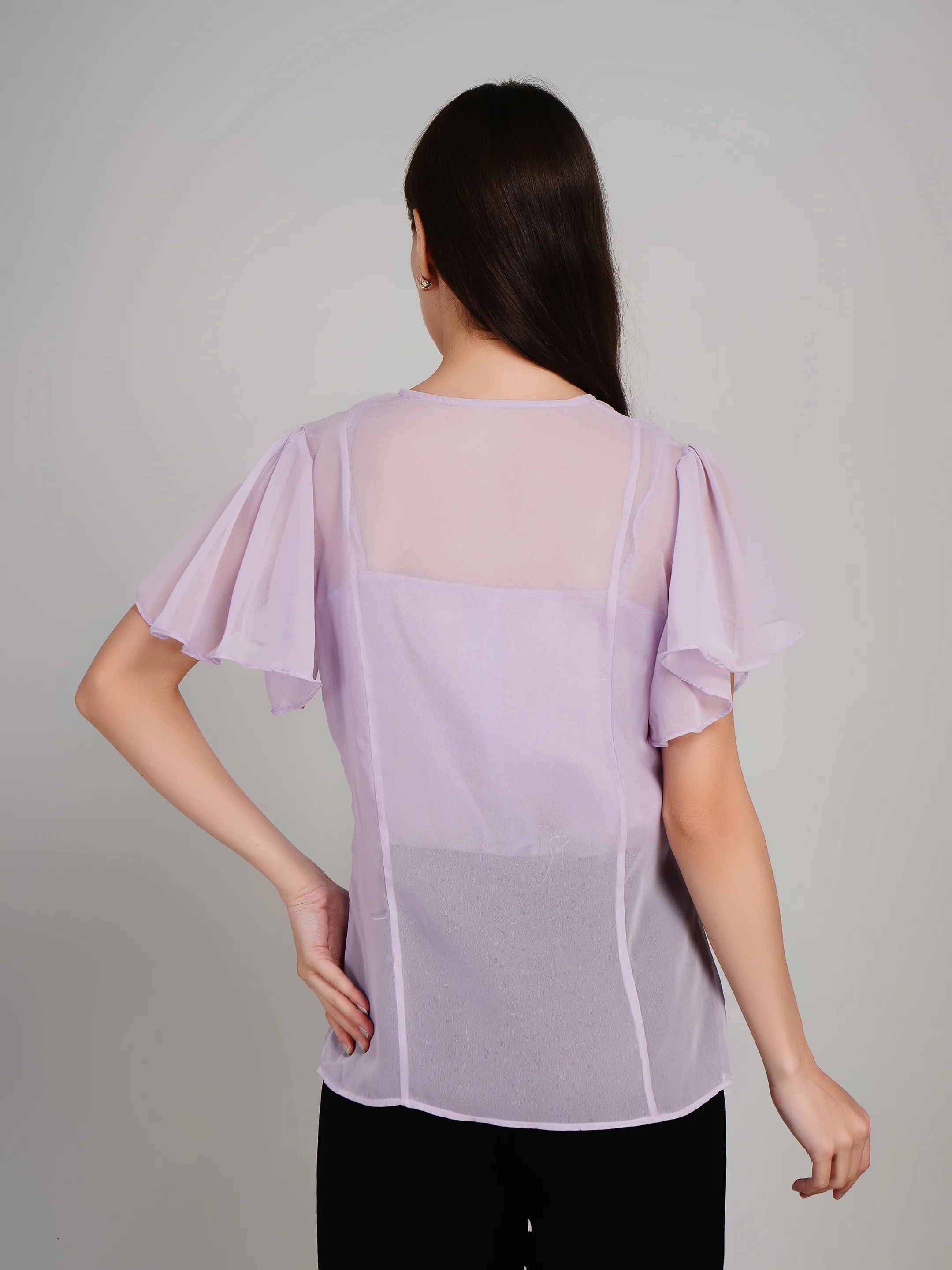 Women Lavender Sheer Button-Down Flutter Sleeve Top