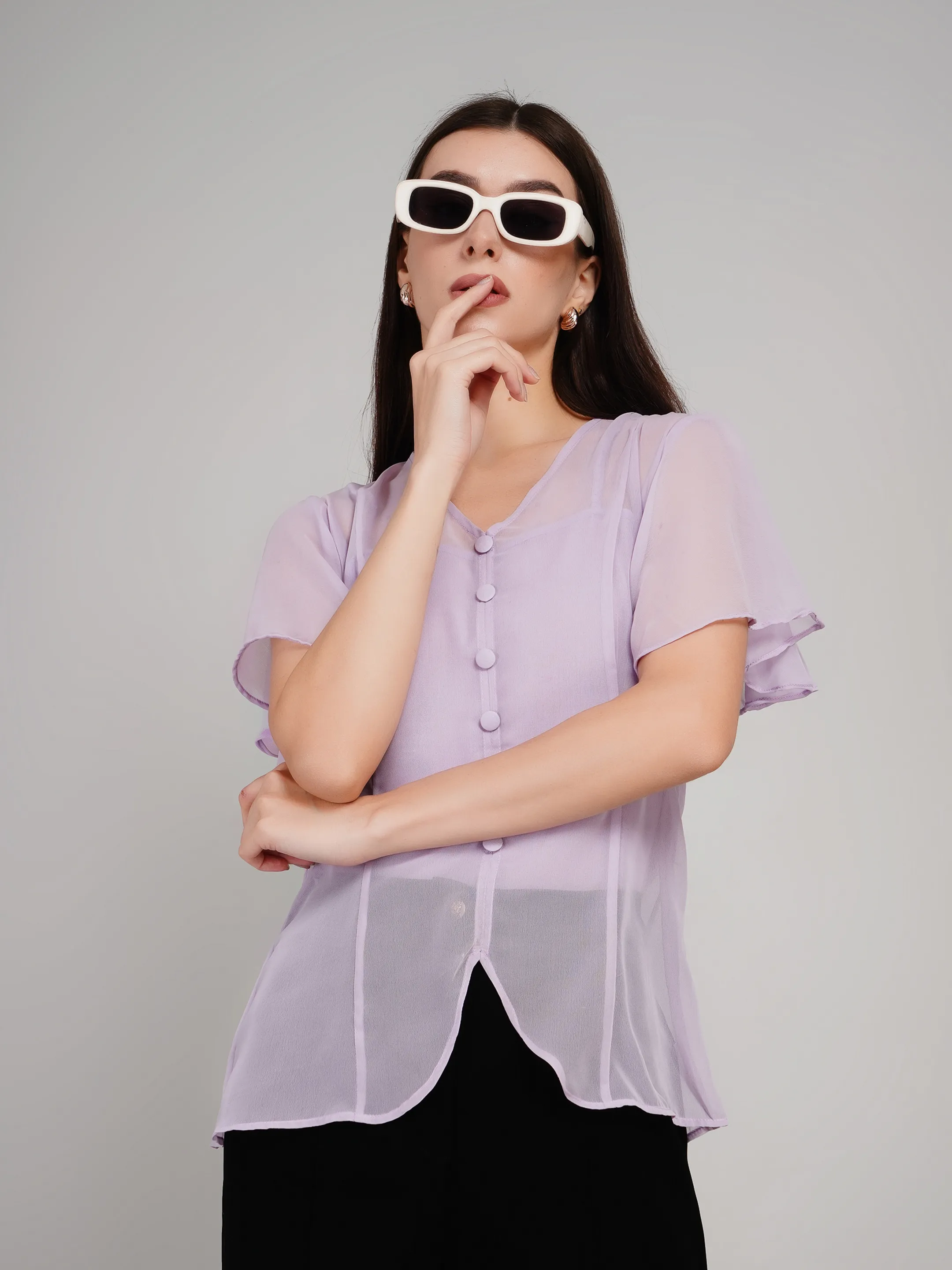 Women Lavender Sheer Button-Down Flutter Sleeve Top