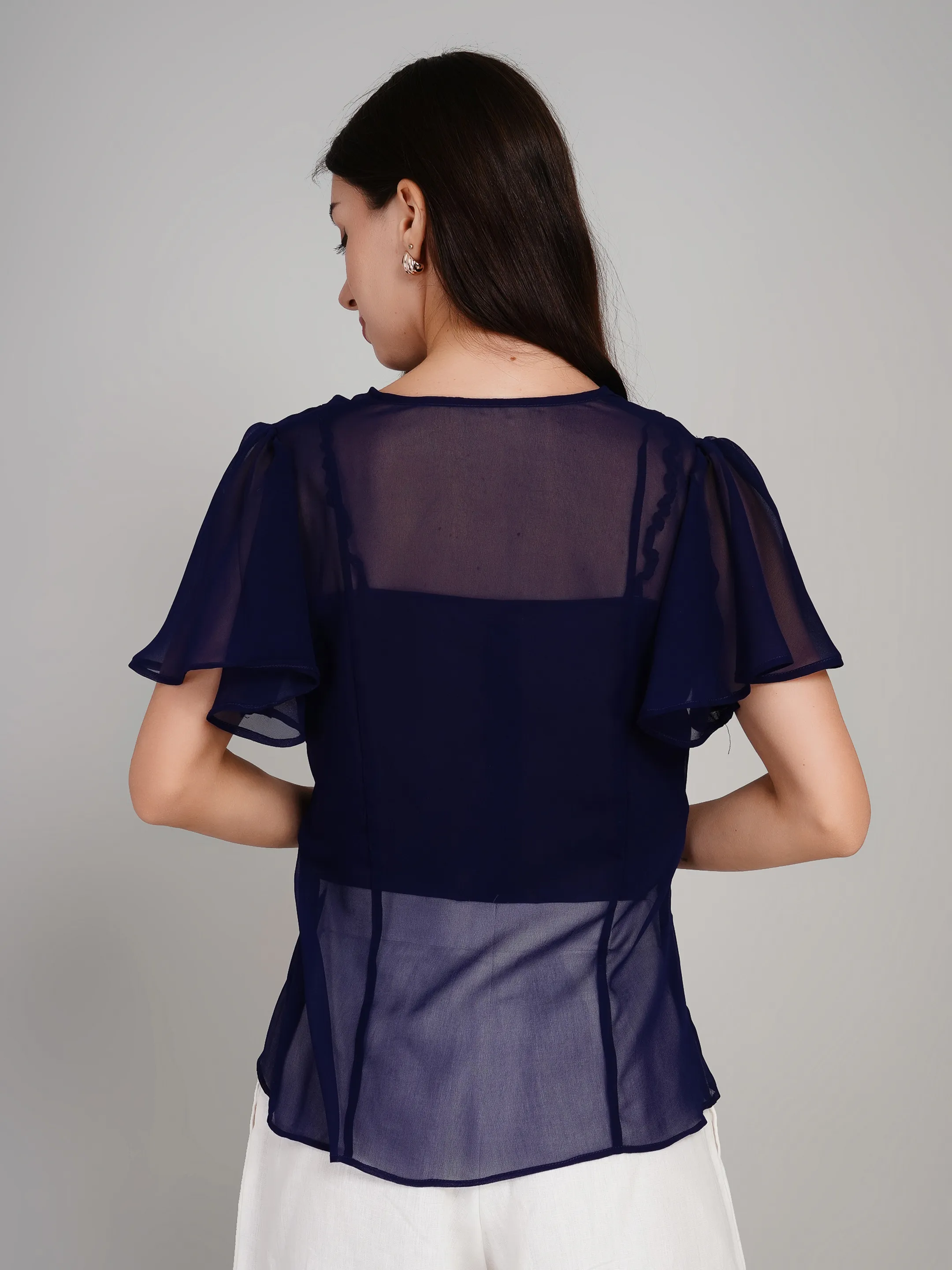 Women Lavender Sheer Button-Down Flutter Sleeve Top