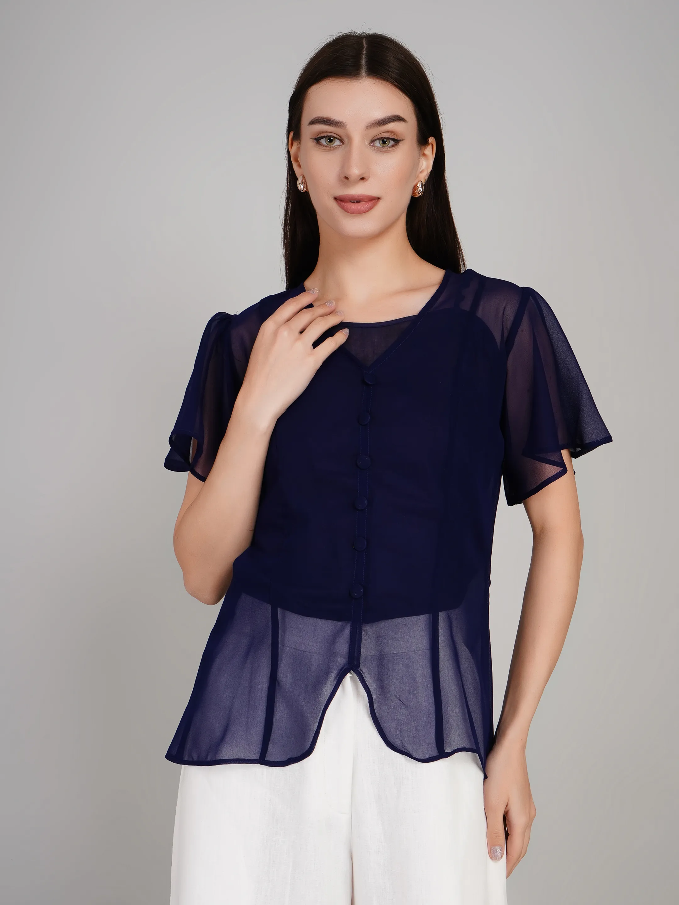 Women Lavender Sheer Button-Down Flutter Sleeve Top