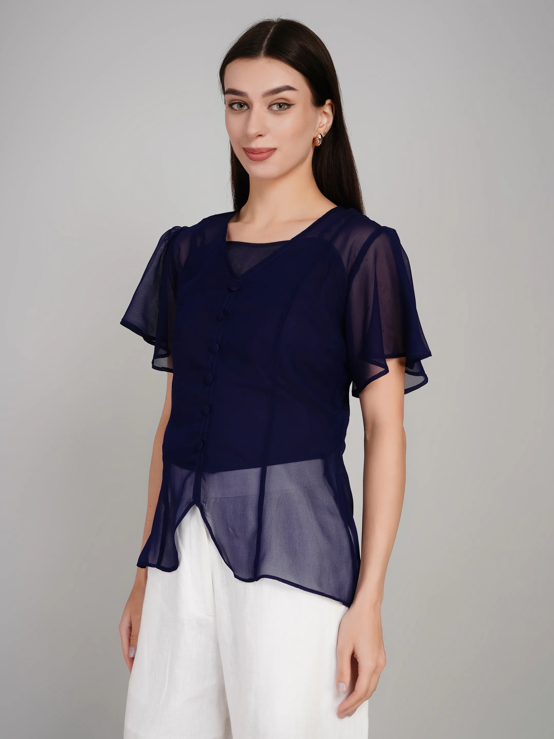 Women Lavender Sheer Button-Down Flutter Sleeve Top