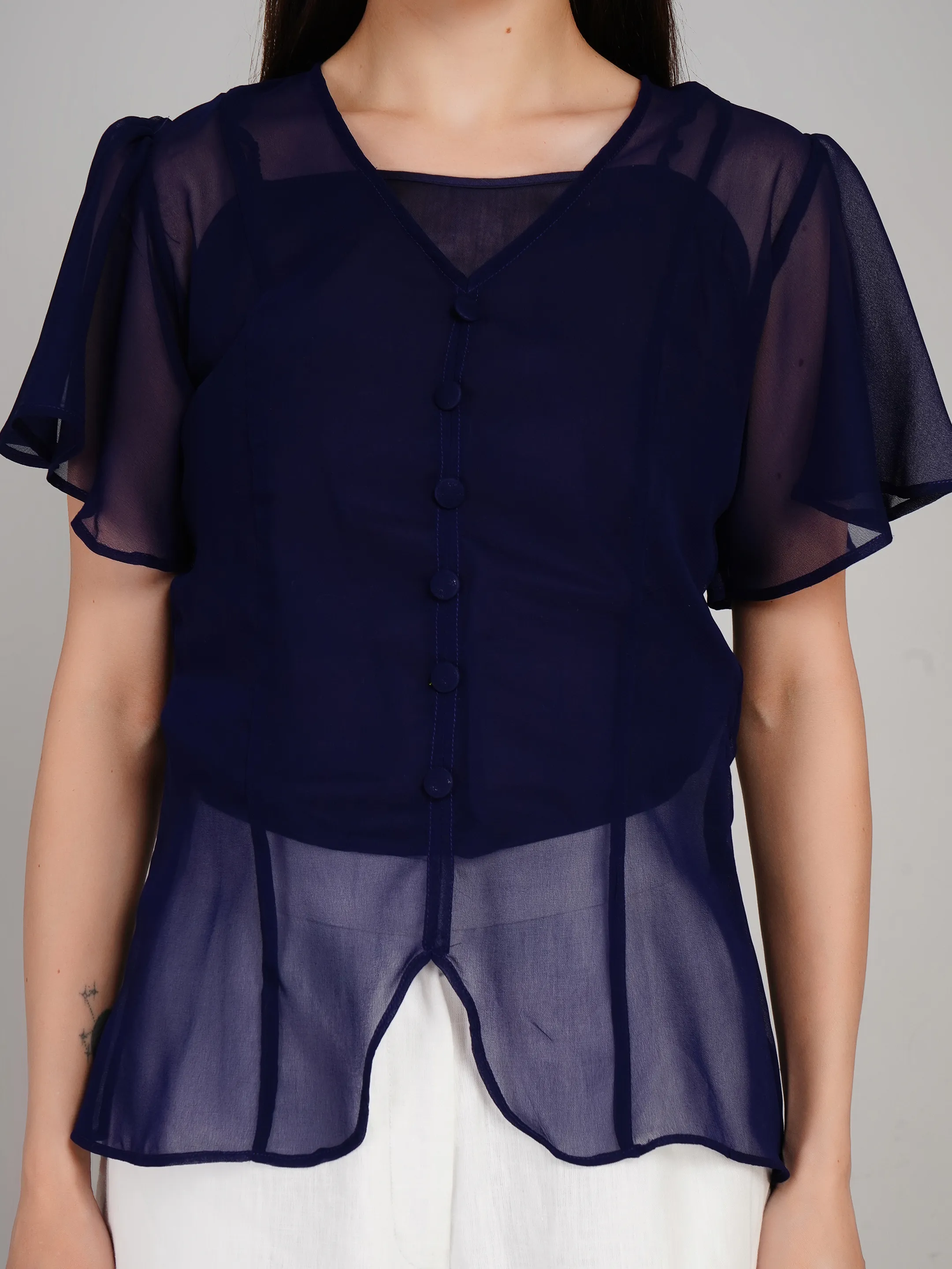 Women Lavender Sheer Button-Down Flutter Sleeve Top