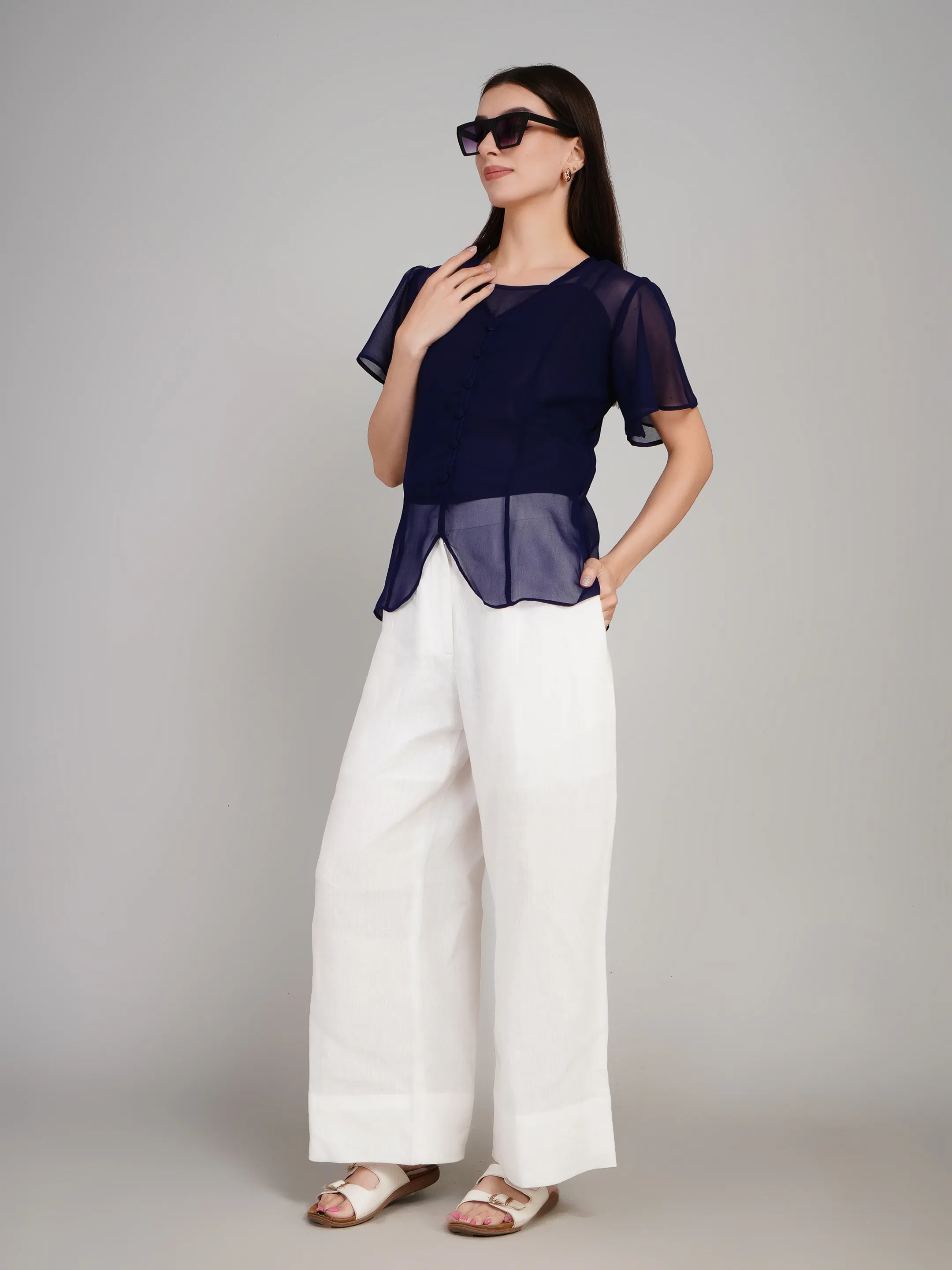 Women Lavender Sheer Button-Down Flutter Sleeve Top