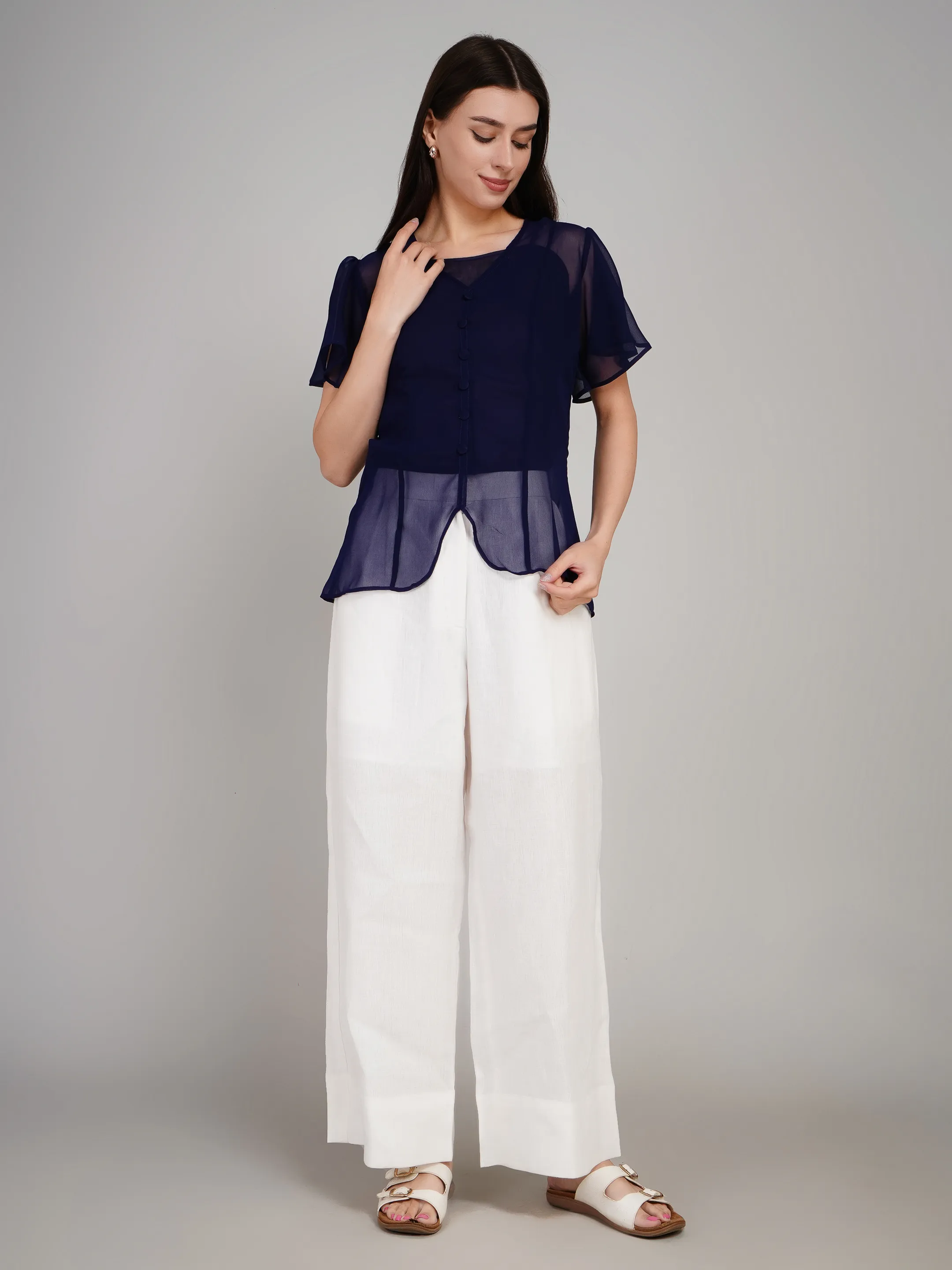 Women Lavender Sheer Button-Down Flutter Sleeve Top