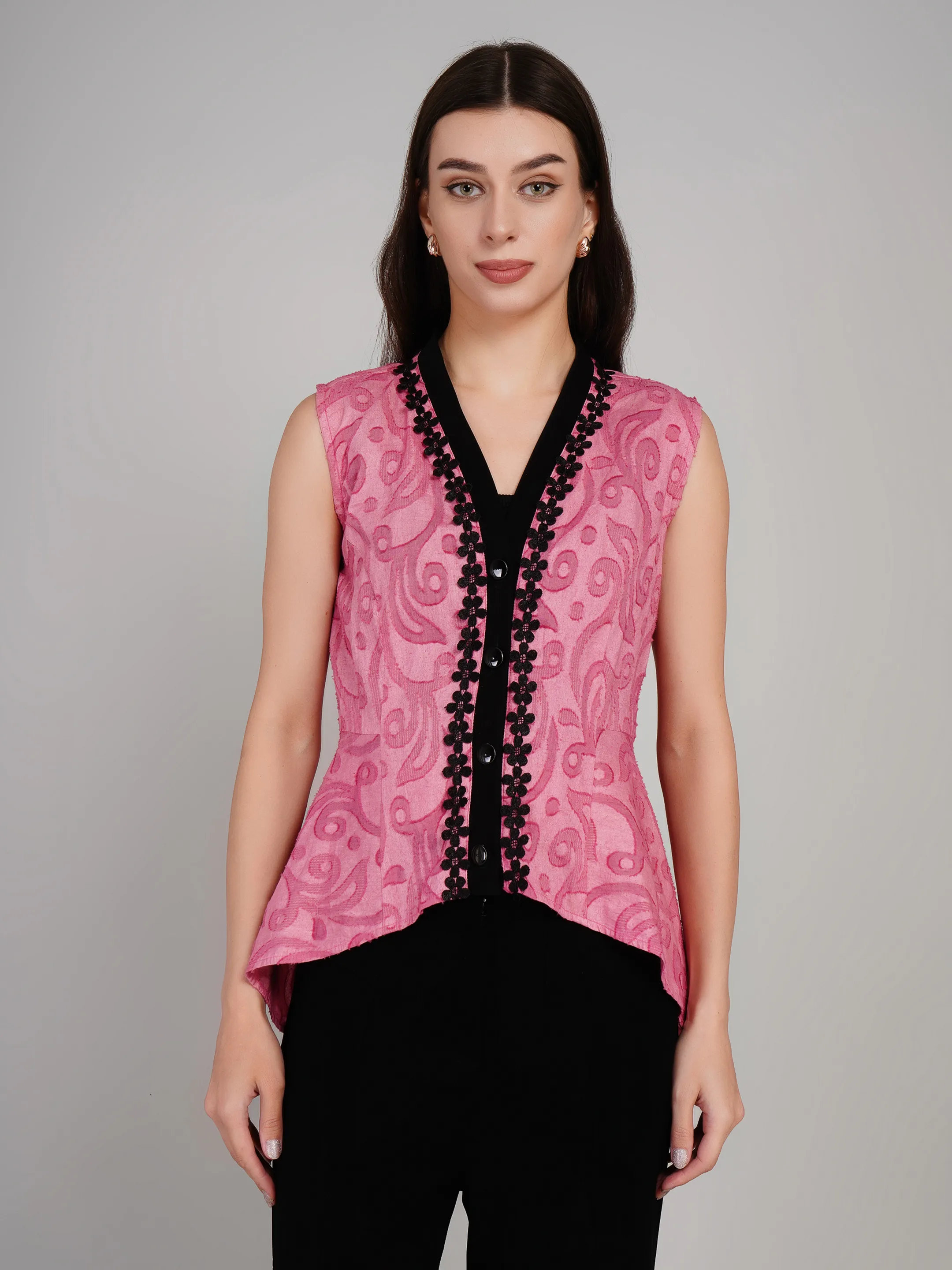 Women Pink Printed Sleeveless Peplum Top with Contrast Trim
