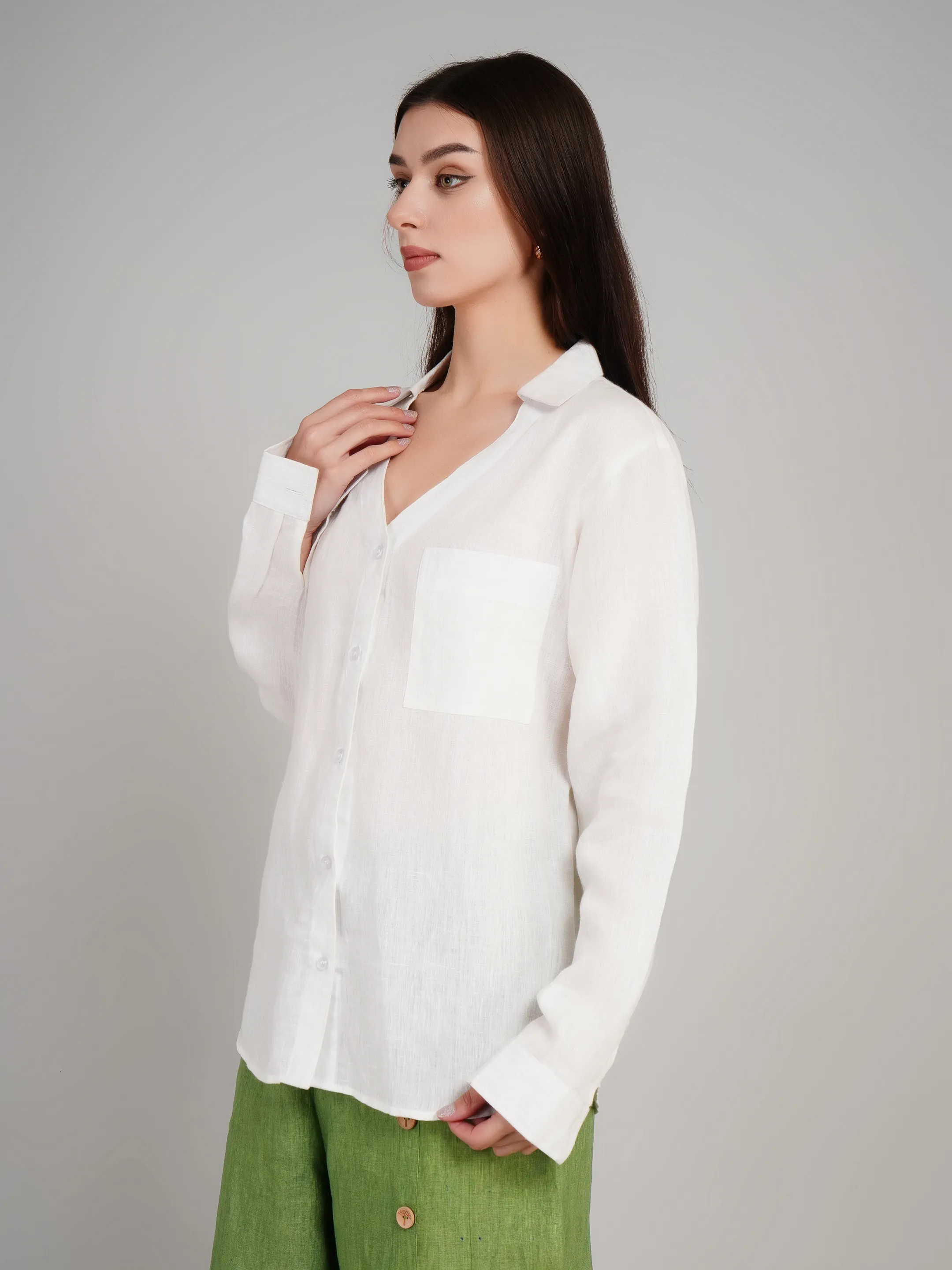 Women White Linen-Look Solid Casual Shirt with Patch Pocket