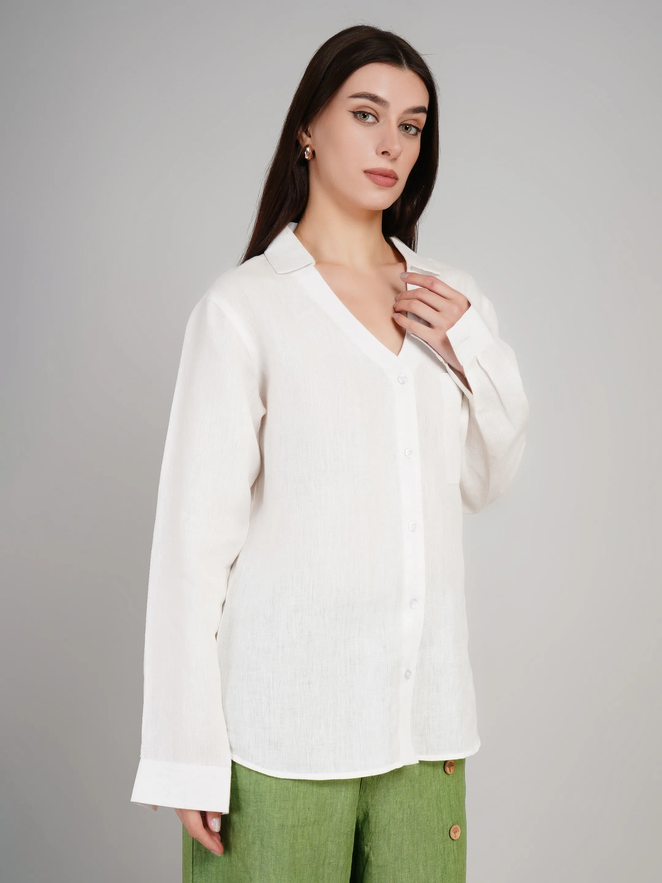 Women White Linen-Look Solid Casual Shirt with Patch Pocket
