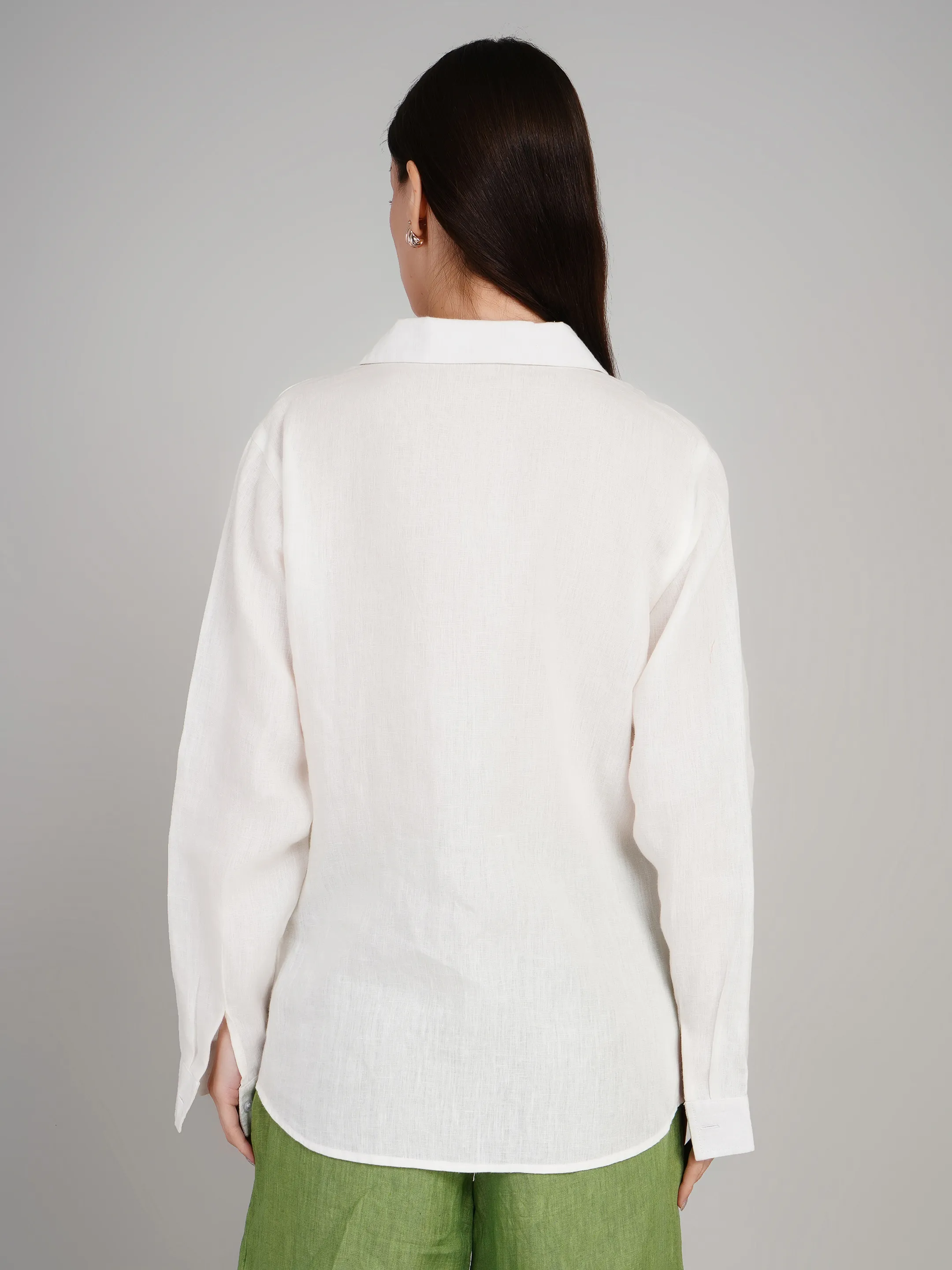 Women White Linen-Look Solid Casual Shirt with Patch Pocket