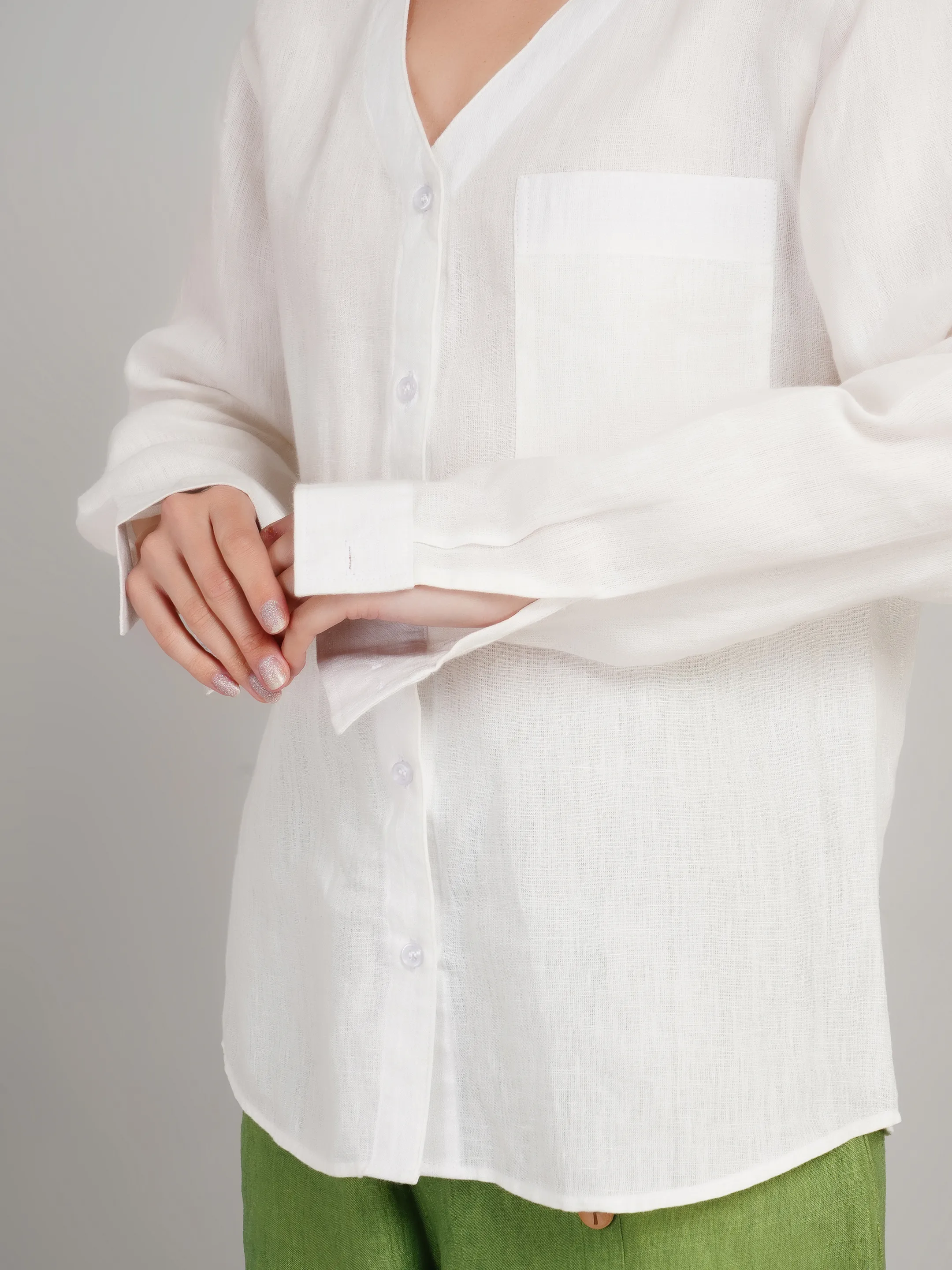 Women White Linen-Look Solid Casual Shirt with Patch Pocket