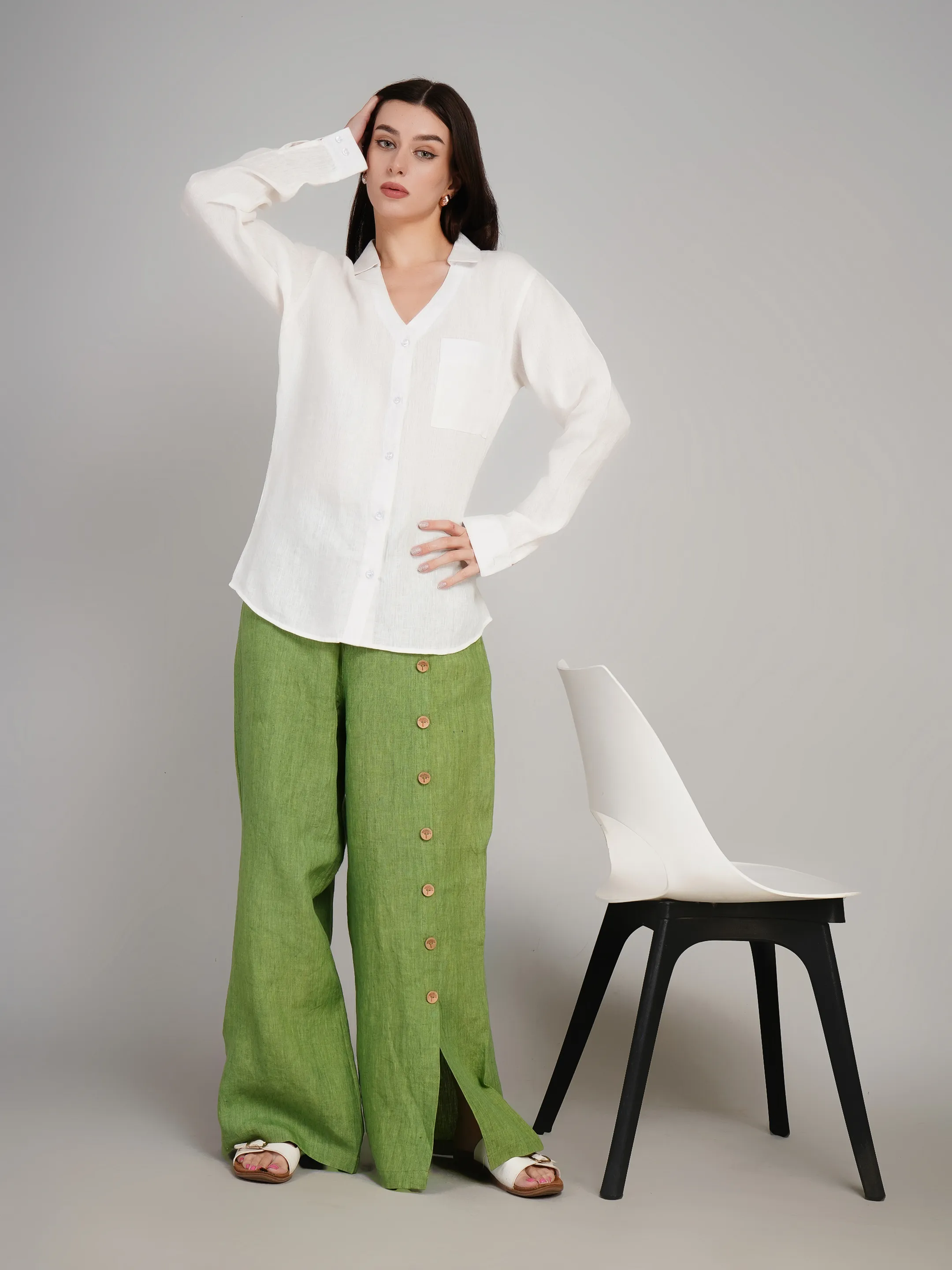 Women White Linen-Look Solid Casual Shirt with Patch Pocket