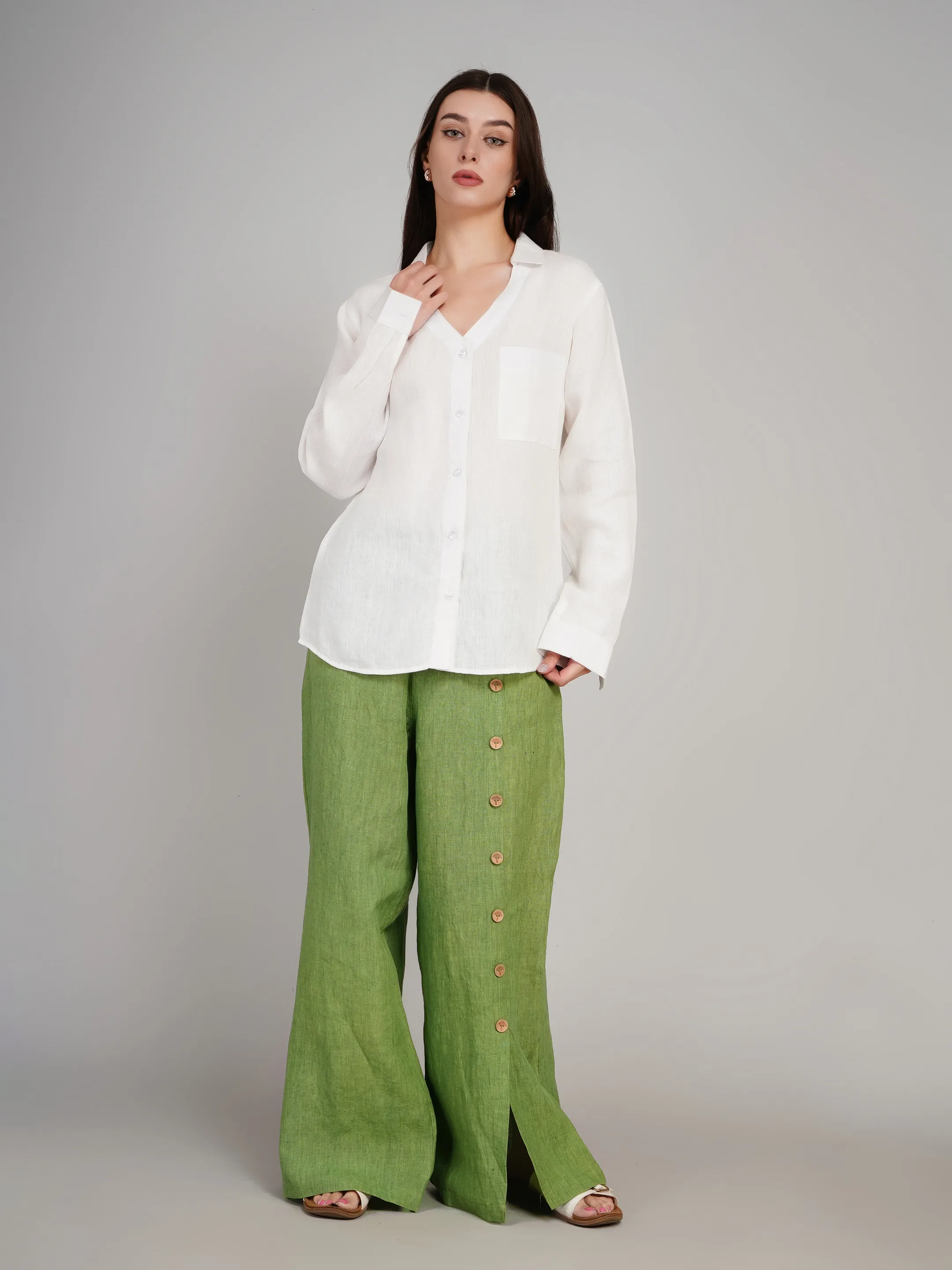 Women White Linen-Look Solid Casual Shirt with Patch Pocket