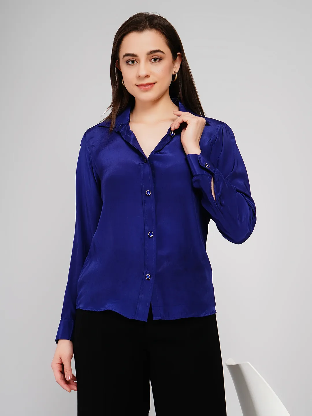 Women Royal Blue Satin-Finish Solid Shirt with Jeweled Buttons