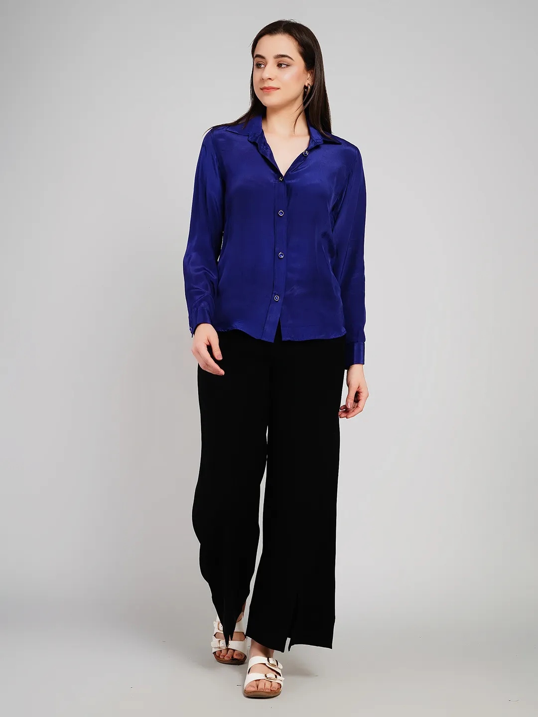 Women Royal Blue Satin-Finish Solid Shirt with Jeweled Buttons