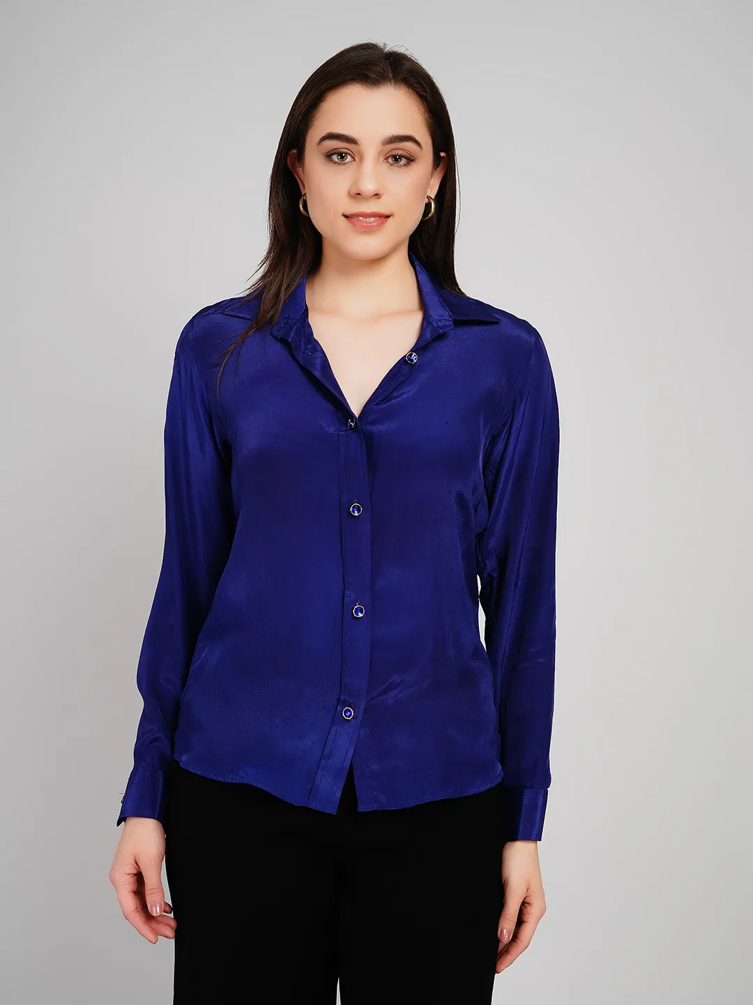 Women Royal Blue Satin-Finish Solid Shirt with Jeweled Buttons