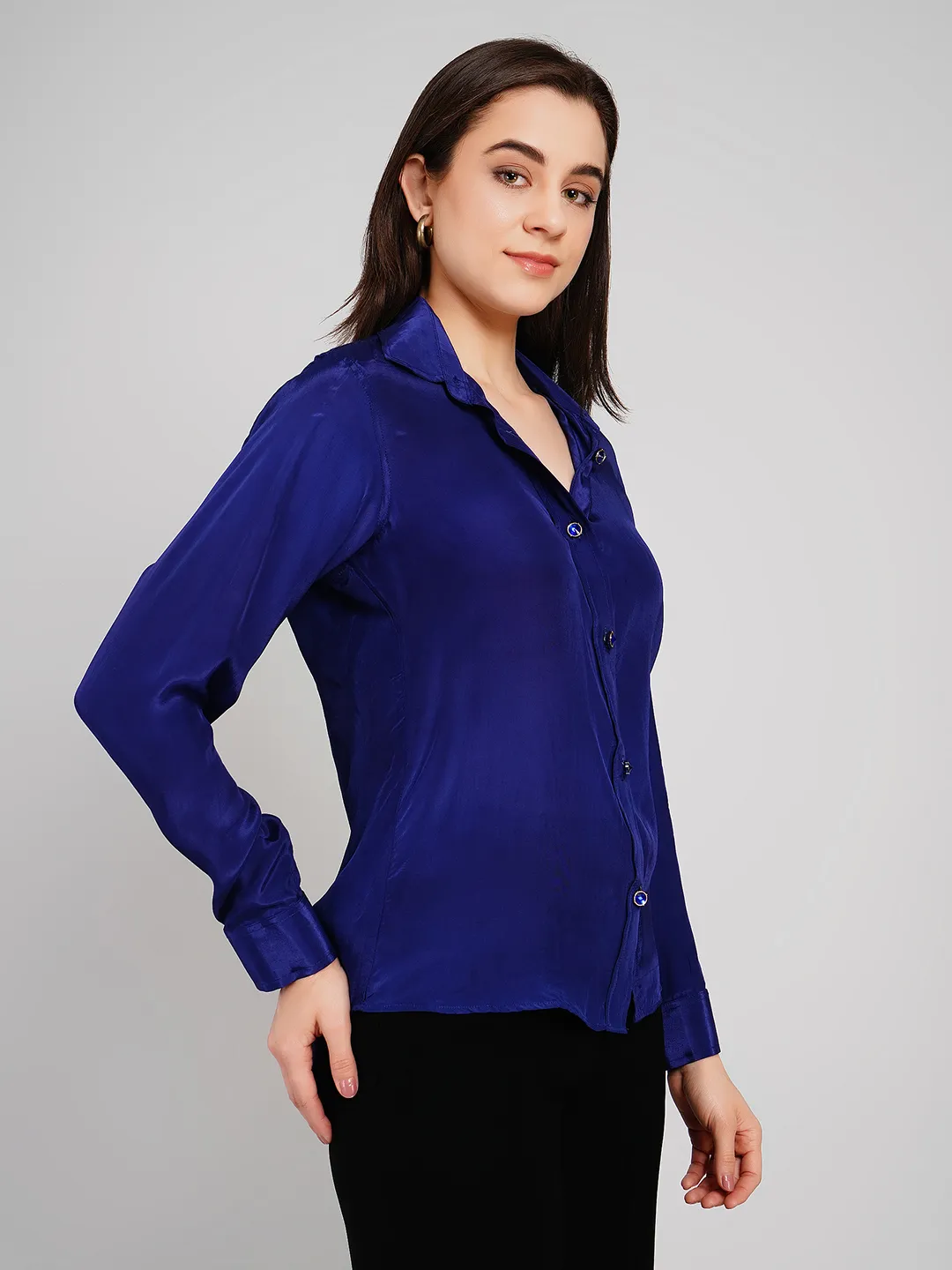 Women Royal Blue Satin-Finish Solid Shirt with Jeweled Buttons