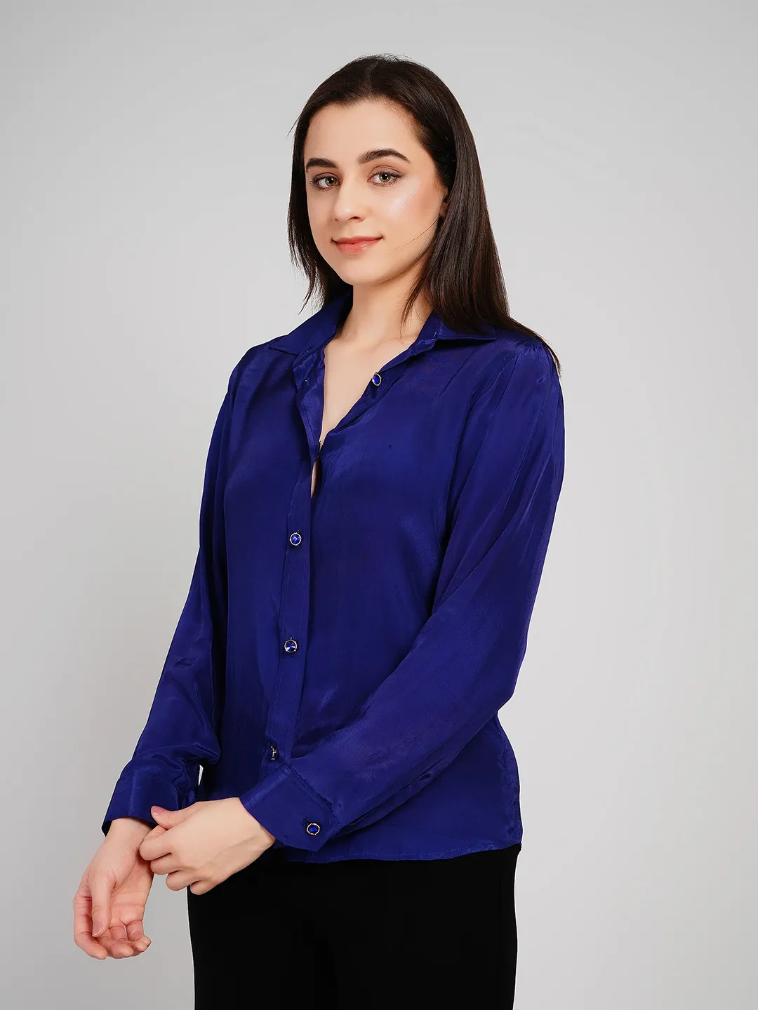 Women Royal Blue Satin-Finish Solid Shirt with Jeweled Buttons