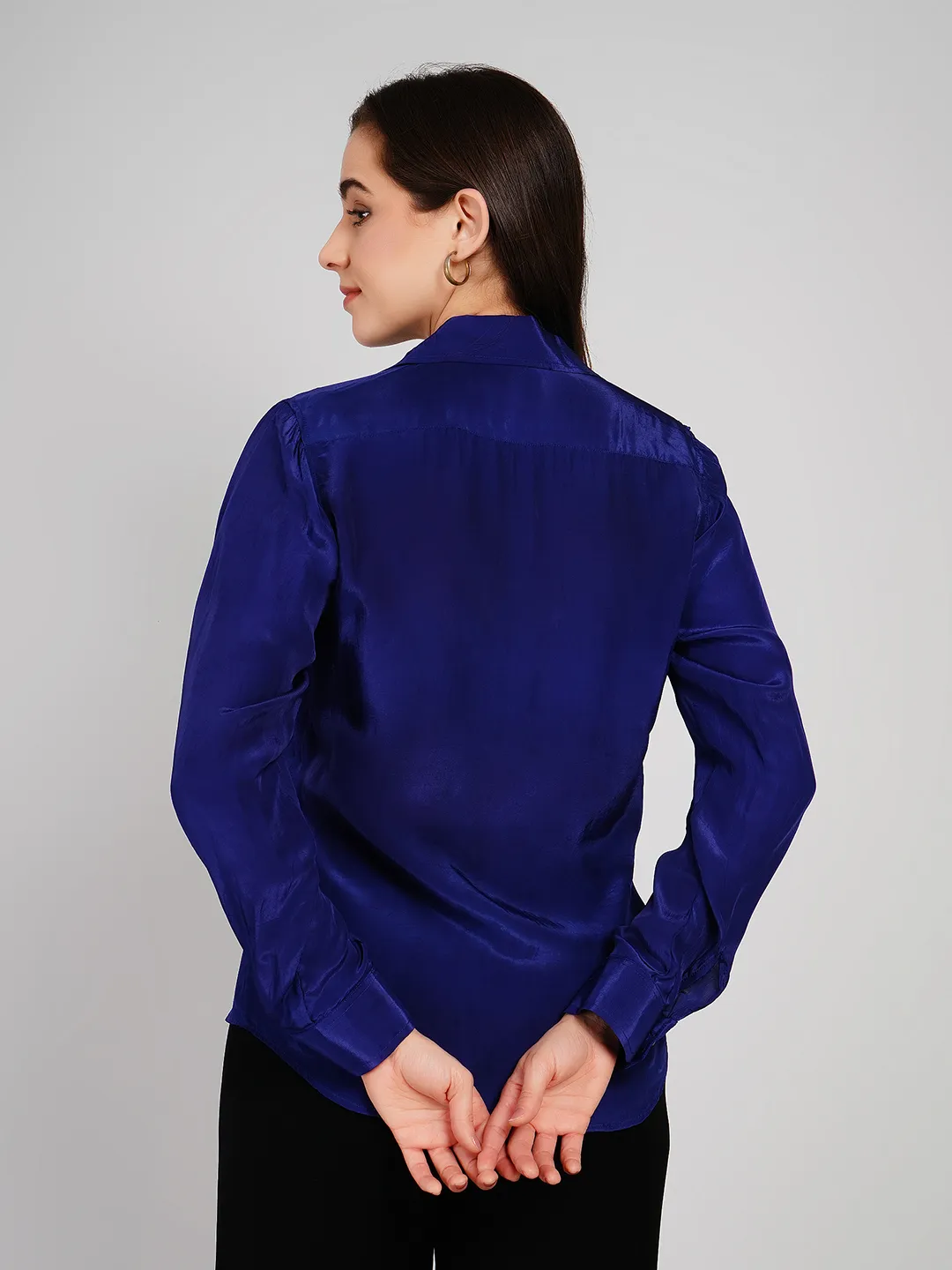Women Royal Blue Satin-Finish Solid Shirt with Jeweled Buttons