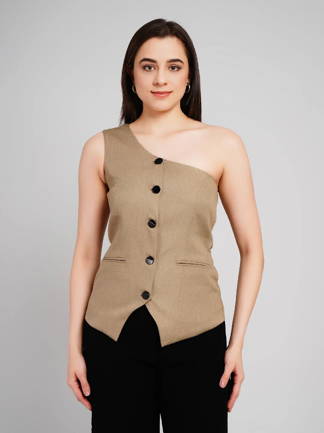 Women Taupe One-Shoulder Waistcoat Top with Contrast Buttons