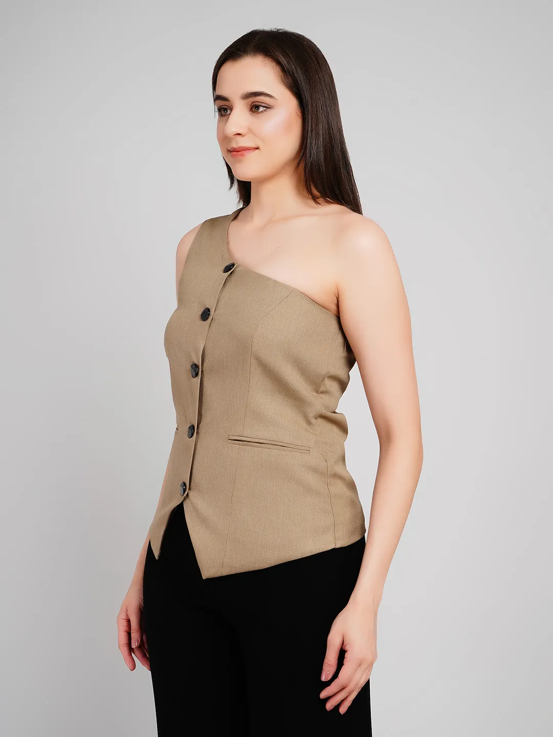 Women Taupe One-Shoulder Waistcoat Top with Contrast Buttons
