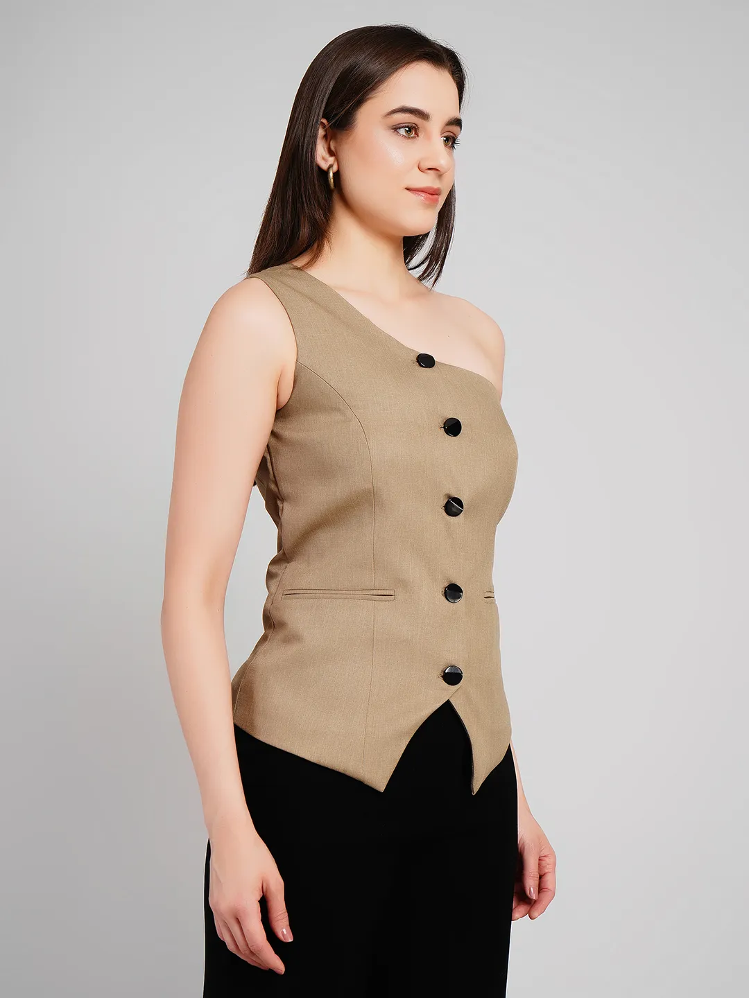 Women Taupe One-Shoulder Waistcoat Top with Contrast Buttons