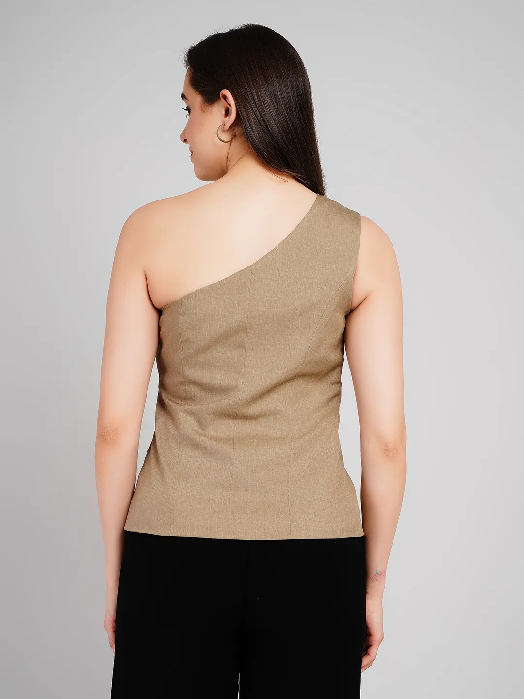 Women Taupe One-Shoulder Waistcoat Top with Contrast Buttons