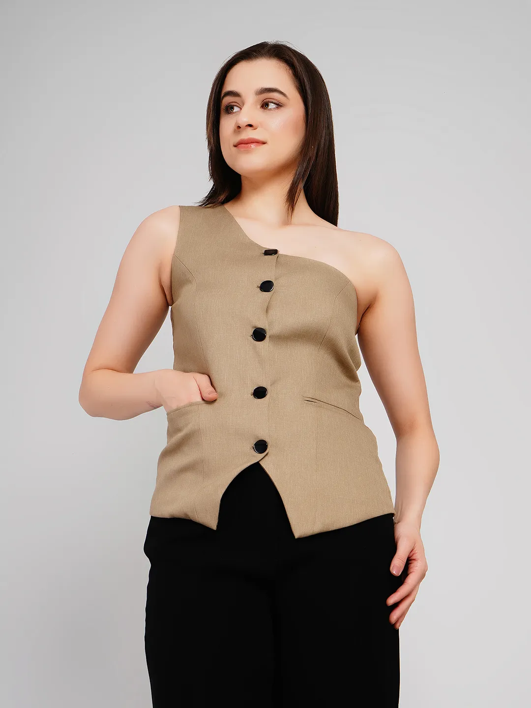 Women Taupe One-Shoulder Waistcoat Top with Contrast Buttons