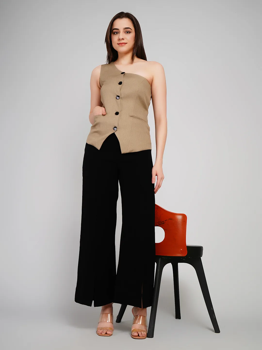 Women Taupe One-Shoulder Waistcoat Top with Contrast Buttons