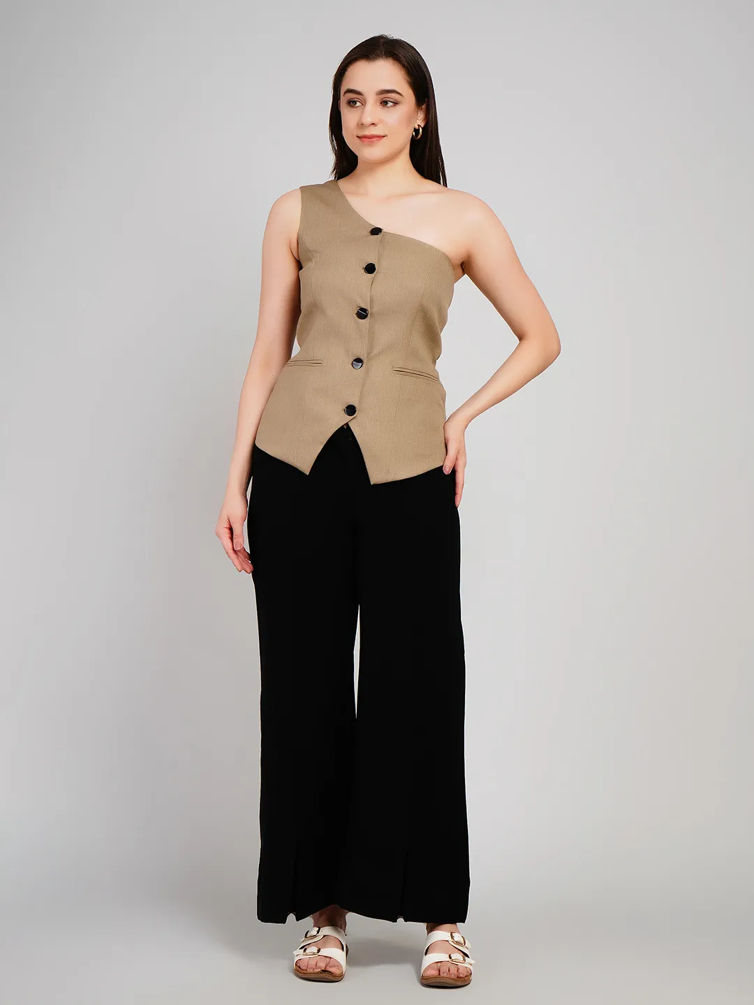 Women Taupe One-Shoulder Waistcoat Top with Contrast Buttons