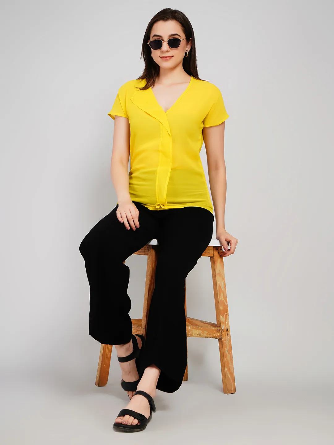 Women Yellow Solid Top with Asymmetric Collar Detail and Cap Sleeves
