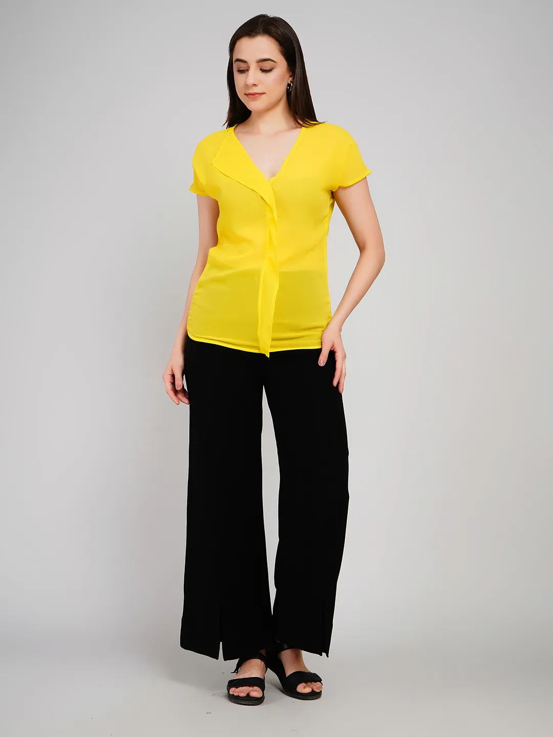 Women Yellow Solid Top with Asymmetric Collar Detail and Cap Sleeves