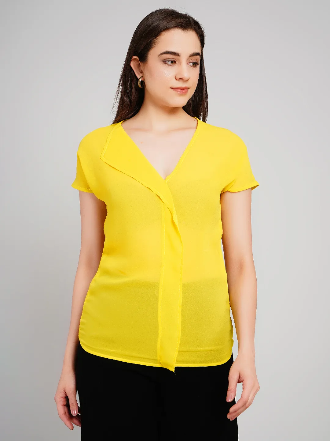 Women Yellow Solid Top with Asymmetric Collar Detail and Cap Sleeves