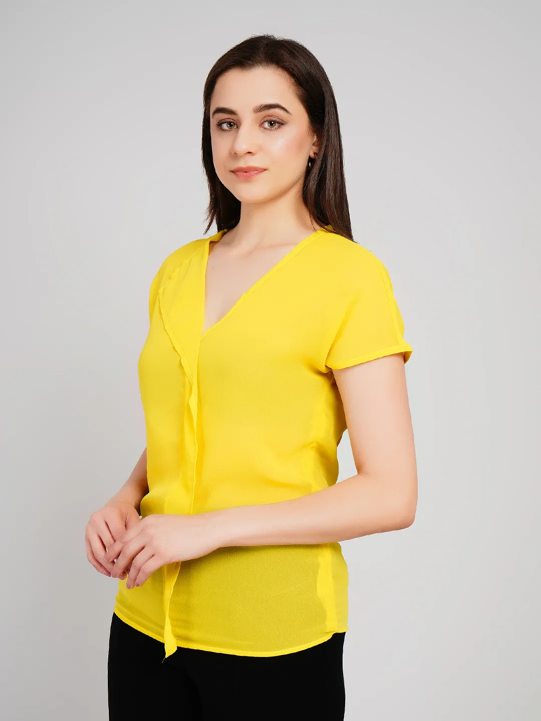 Women Yellow Solid Top with Asymmetric Collar Detail and Cap Sleeves