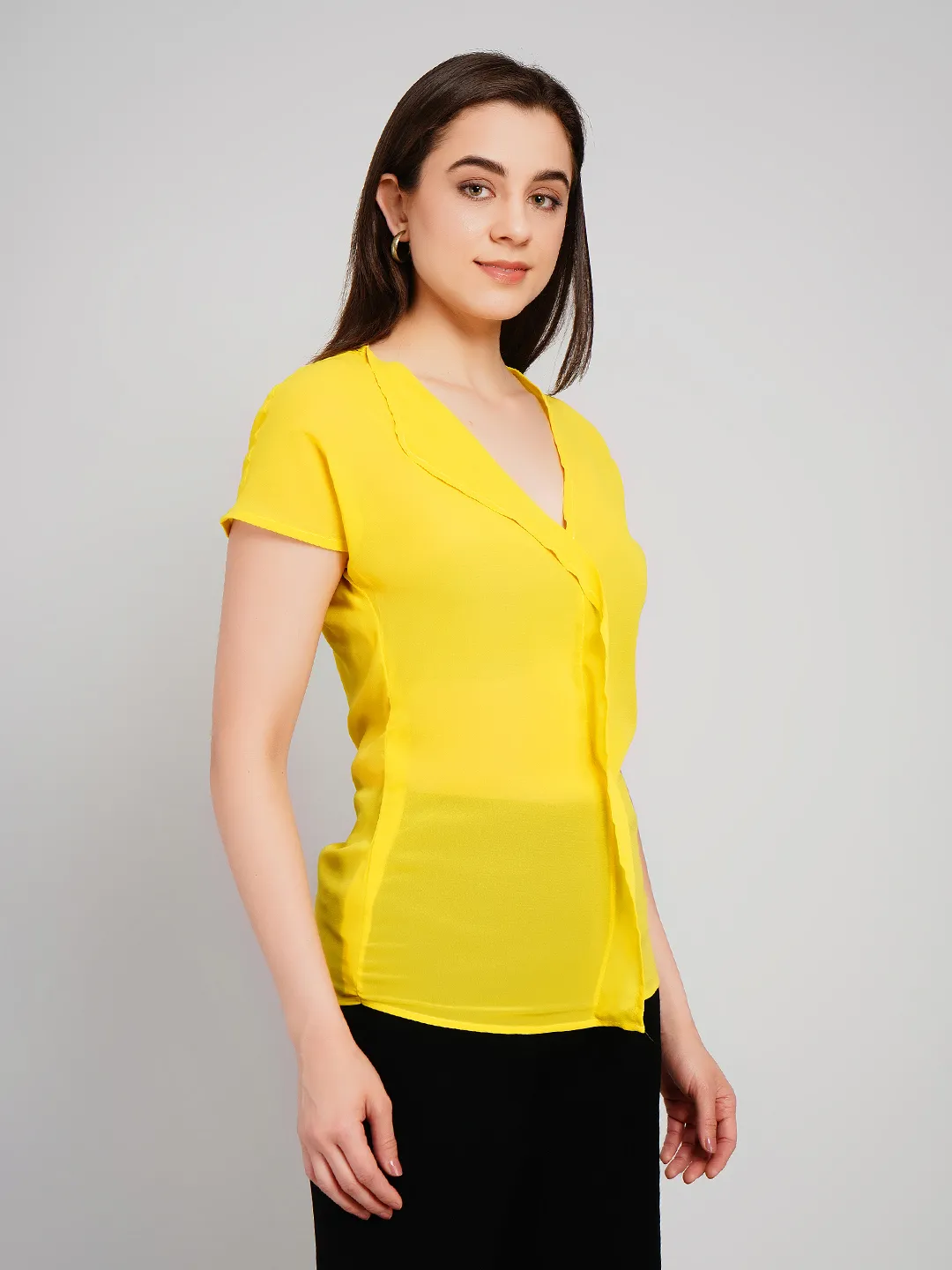 Women Yellow Solid Top with Asymmetric Collar Detail and Cap Sleeves