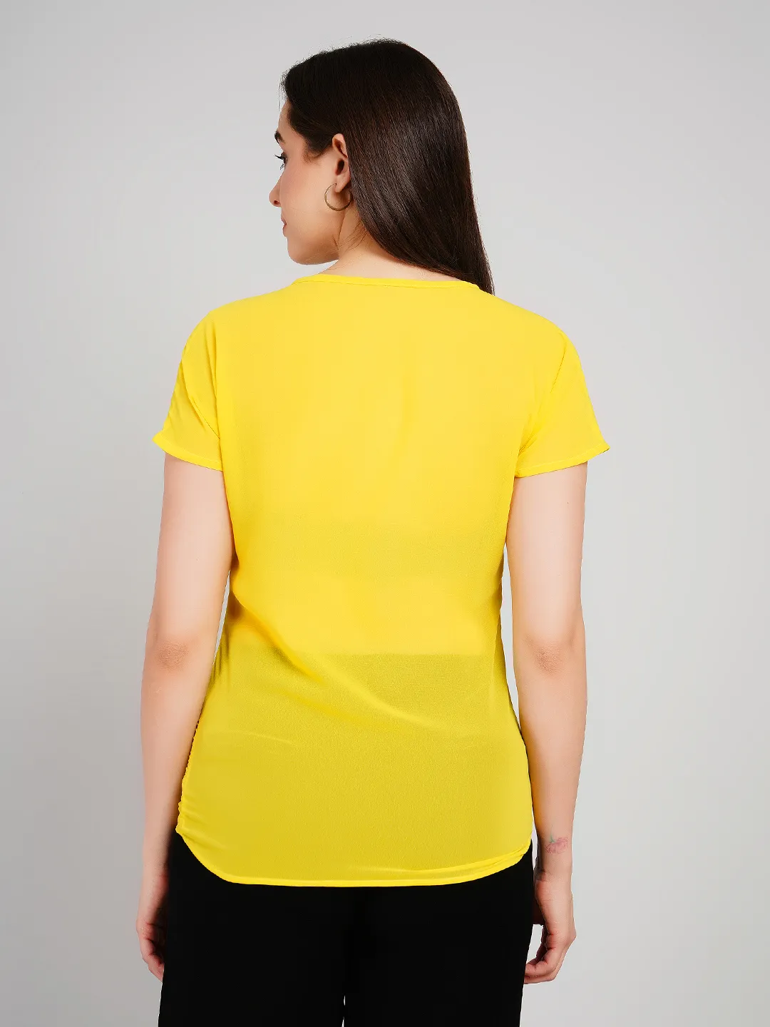 Women Yellow Solid Top with Asymmetric Collar Detail and Cap Sleeves