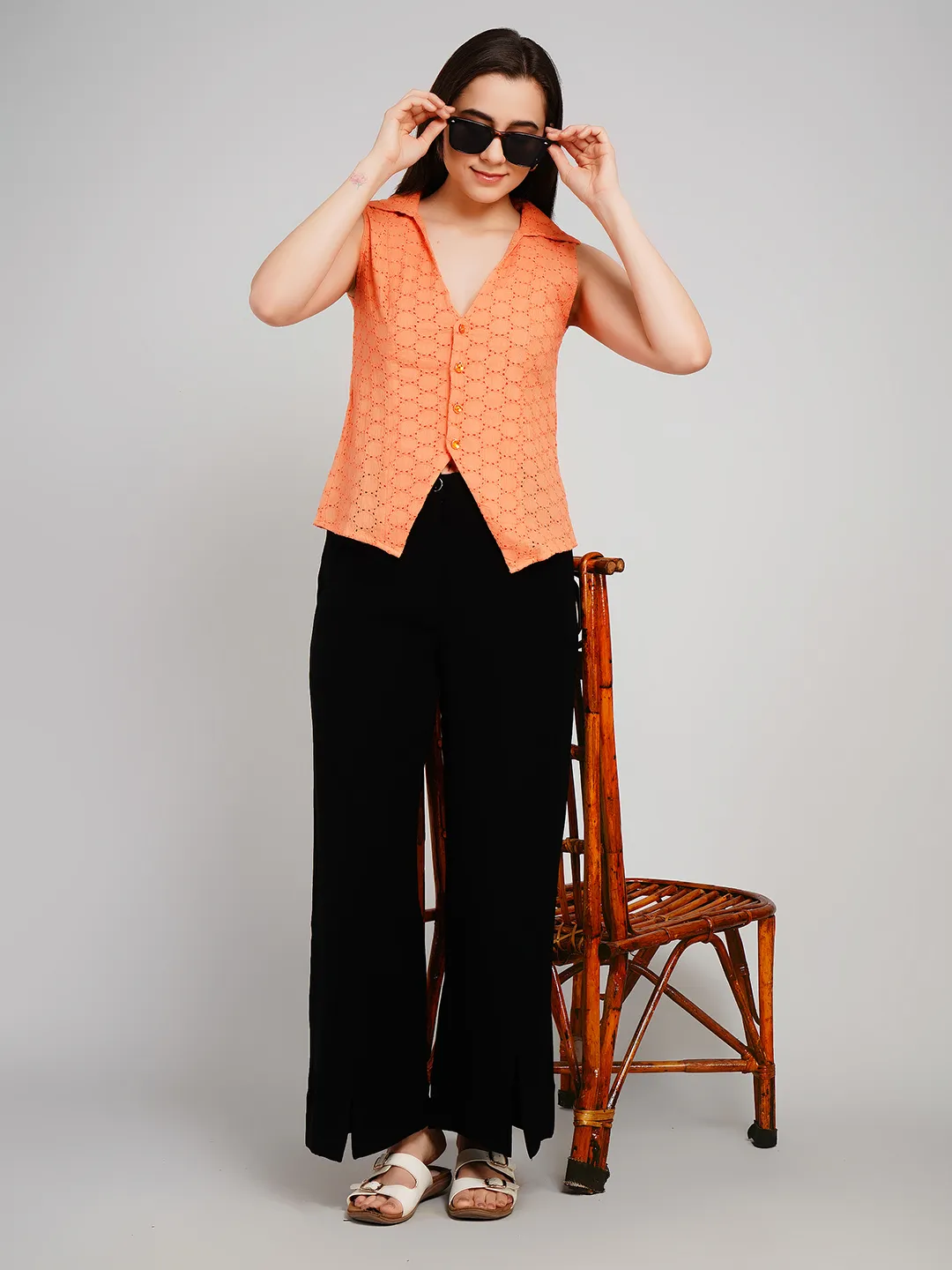 Women Peach Eyelet Cotton Sleeveless Shirt with Contrast Buttons