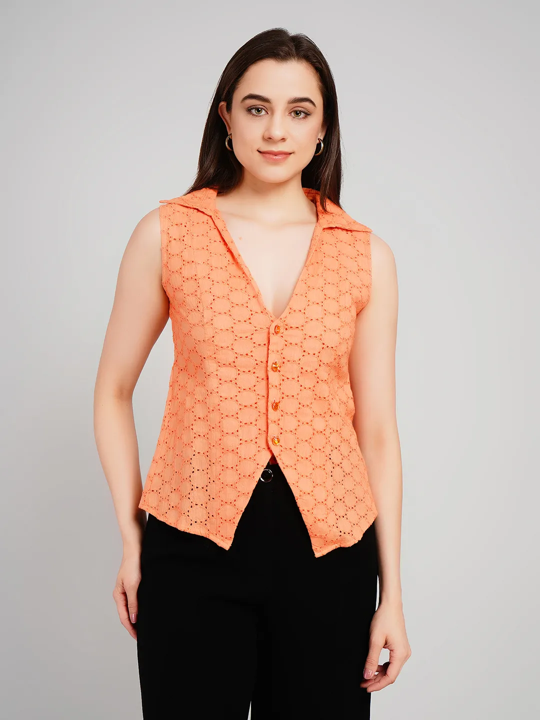 Women Peach Eyelet Cotton Sleeveless Shirt with Contrast Buttons