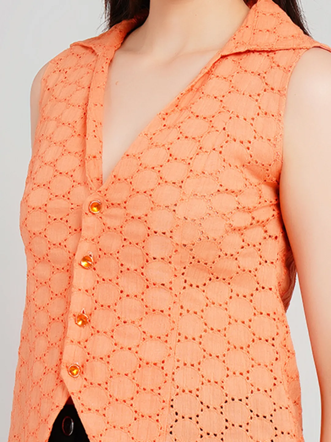 Women Peach Eyelet Cotton Sleeveless Shirt with Contrast Buttons